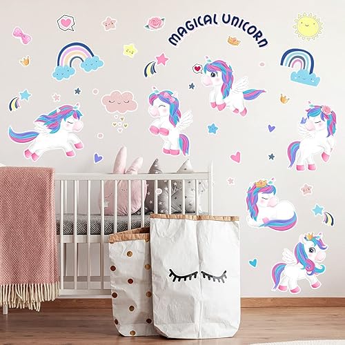 Miniatura 4 de fanquare Calcomanías de pared mágicas de unicornio con diseño de corazón de arco iris, decoración de pared para niños, niñas, dormitorio, sala de