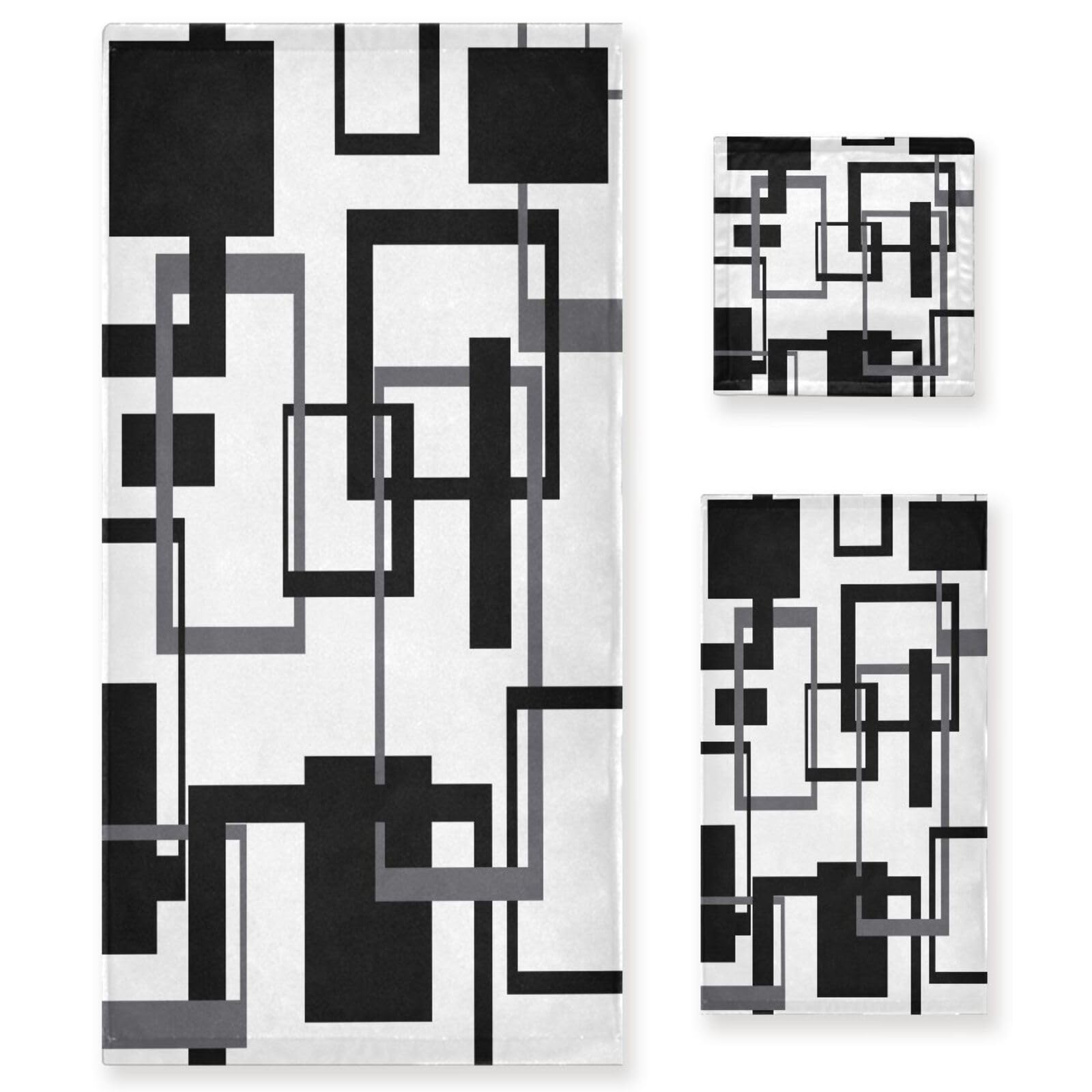 YOCIBIUT 3 Piece Black White Geometric Bath Towels Set,Microfiber Absorbent Abstract Mid Century Gray Towels for Bathroom,1 Bath Towel,1 Hand Towel,1