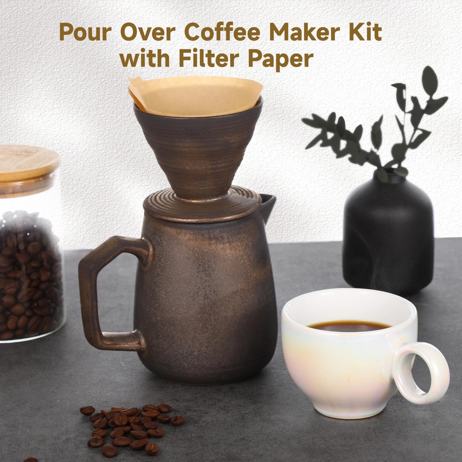 Bosreroy Pour Over Coffee Maker Set with 100 Filter Papers, Classic Ceramic Dripper, 620 Ml Capacity, Ideal for Home Or Office Use
