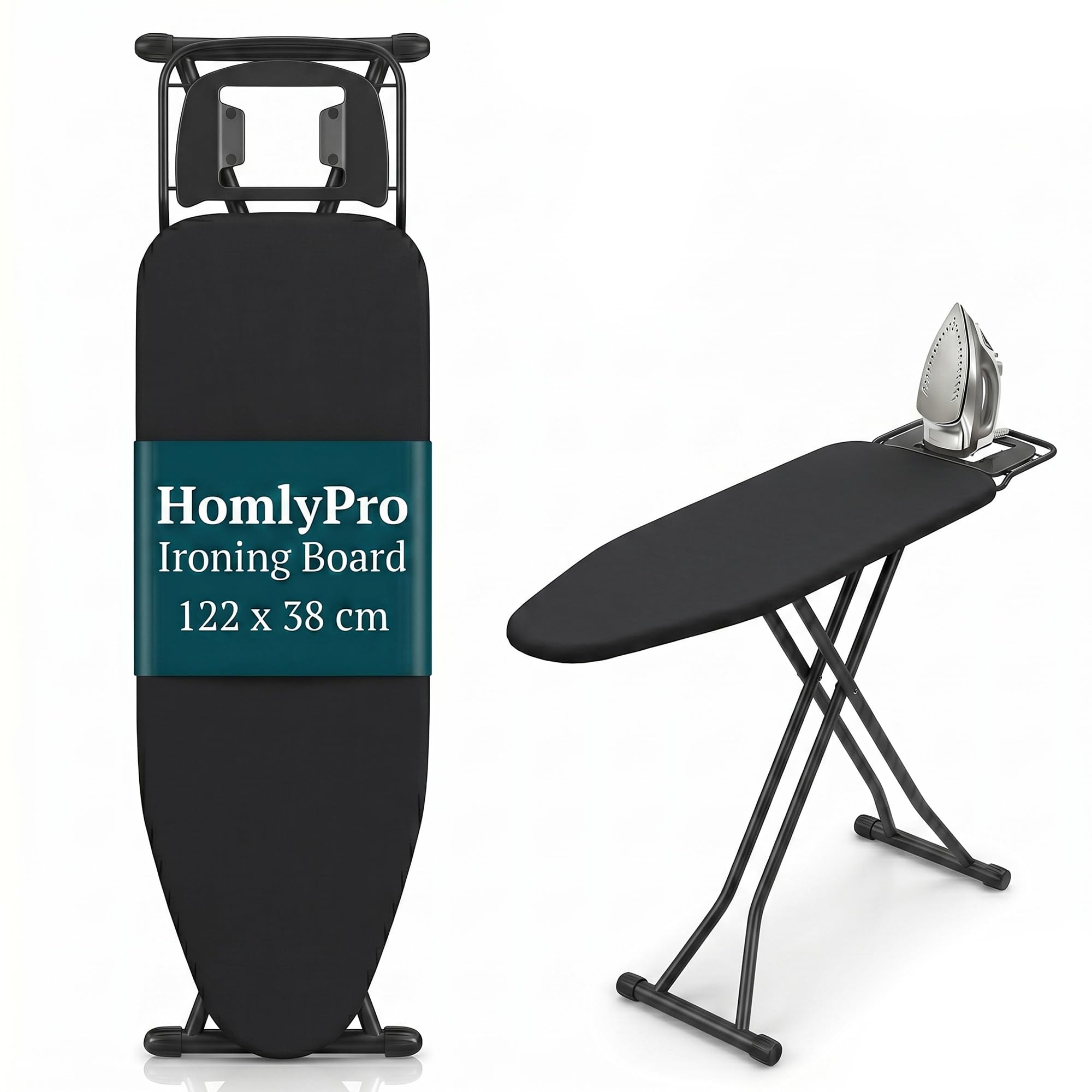 HomlyPro Folding Ironing Board, 122 x 38cm, Black, Adjustable Height (78–91cm), Silicone Iron Rest, Anti-Skid Feet, Safety Lock, Durable Large Iron Board