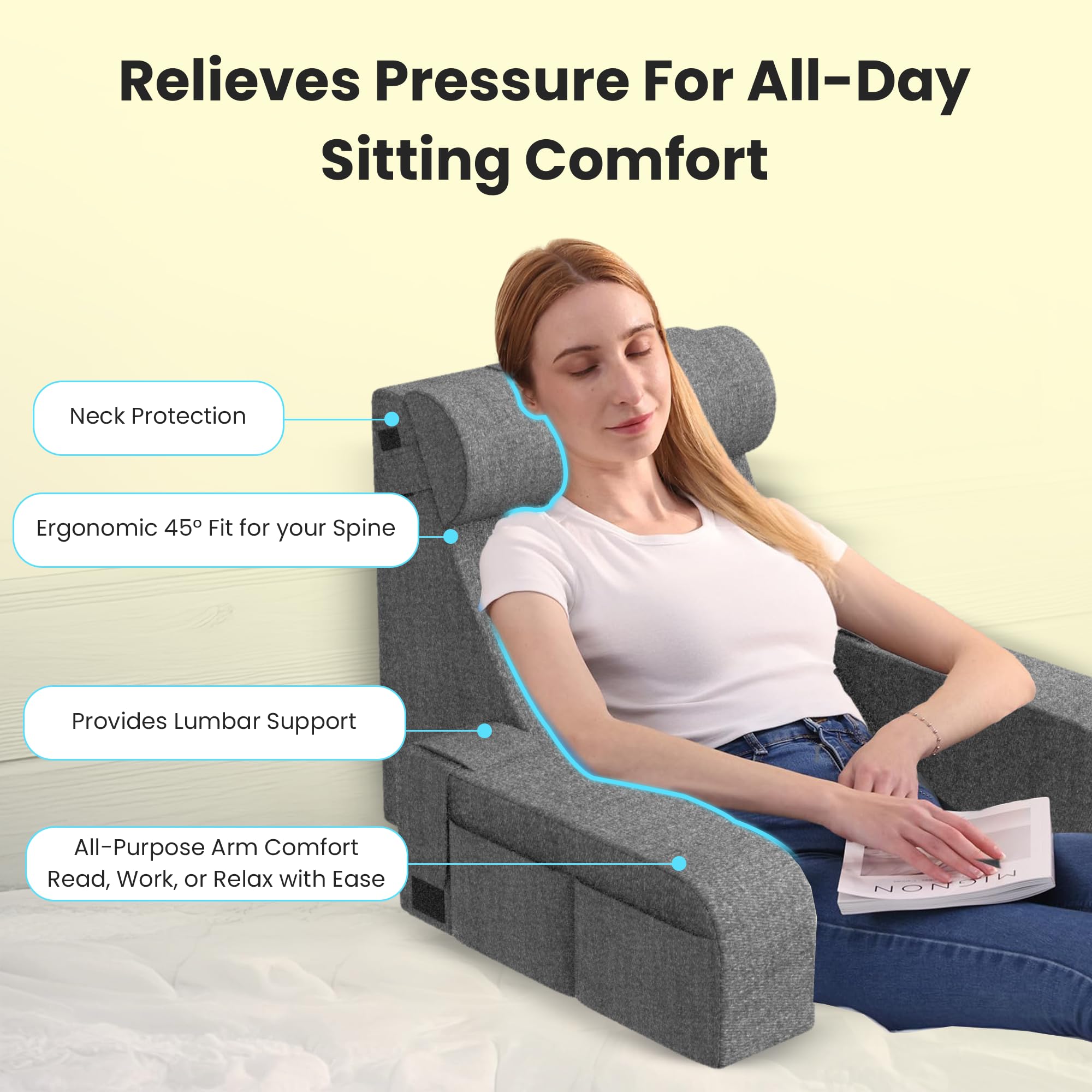 CareFoam Reading Pillow with Arm Support & Headrest | Backrest Pillow for Bed | Memory Foam Bed Back Support Pillow for Reading, Working & Relaxing | Premium Fabric