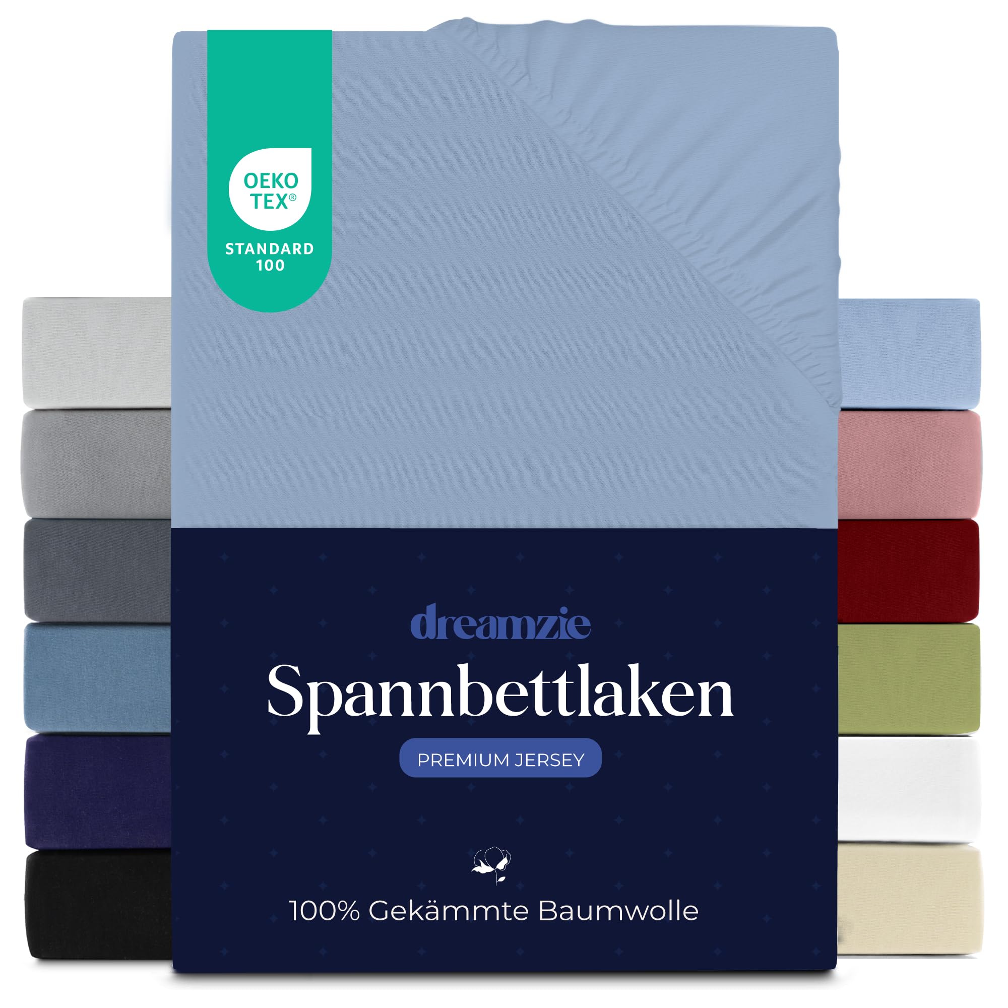 Dreamzie Premium Spannbettlaken 80x160 cm, Bettlaken 100% Jersey Baumwolle, Spannbetttuch für Dicke Matratzen bis zu 12 cm, 150 g/m², Oeko-TEX Zertifiziert - Hellblau