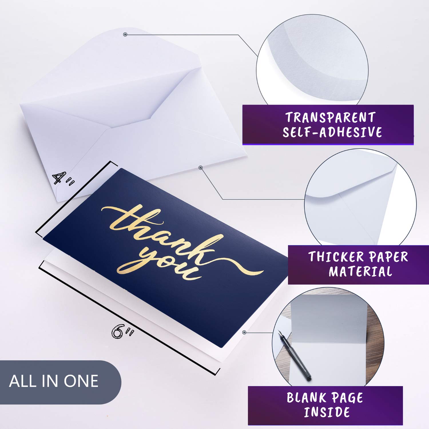 Layneria 100 Bulk Thank You Cards with Envelopes navy blue and gold