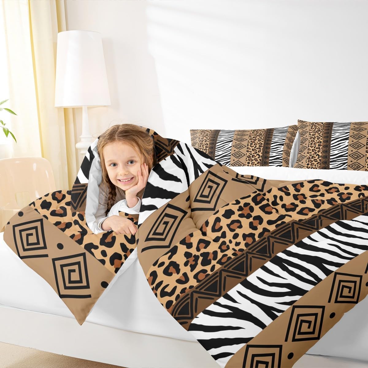 Leopard Zebra Print Bedding Set Vintage Brown Animals Skin Comforter Set 3pcs Tribal Floral Splicing Quilt Set for Kids Teens Adult Room Decor,Romantic Exotic Boho Duvet Insert Full Size - Image 3