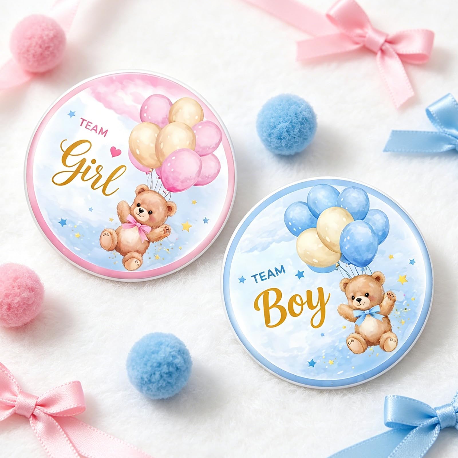 Gender Reveal Decoration Badge 50 Pièces Team Boy Team Girl Ourson Ballons Baby Shower