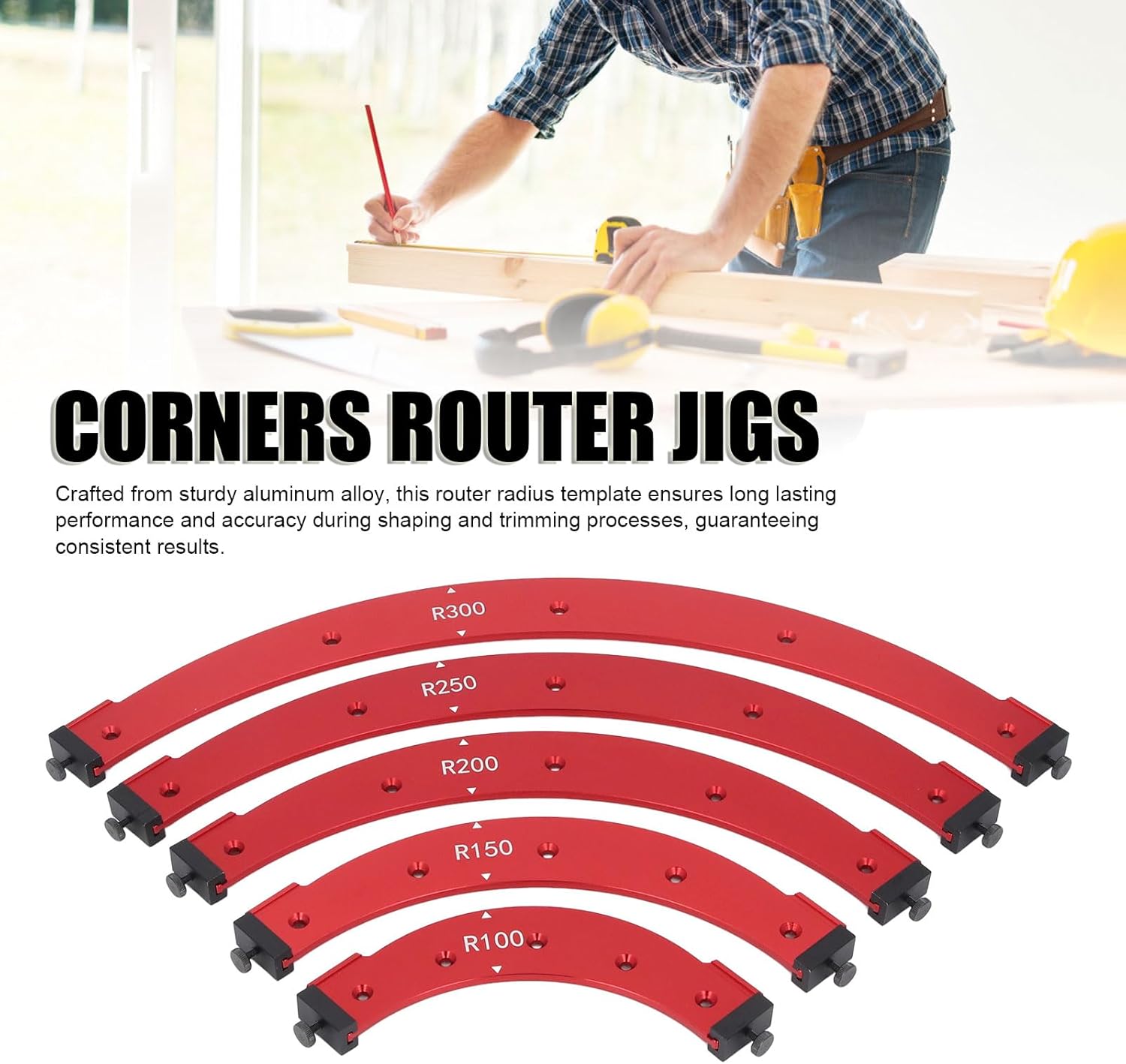 Table Corner Router Jig Set, Round Corner Radius Templates, R100-300 Aluminium Alloy Trimming Round Corner Templates Corner Jig Template Set for Woodworking Routing