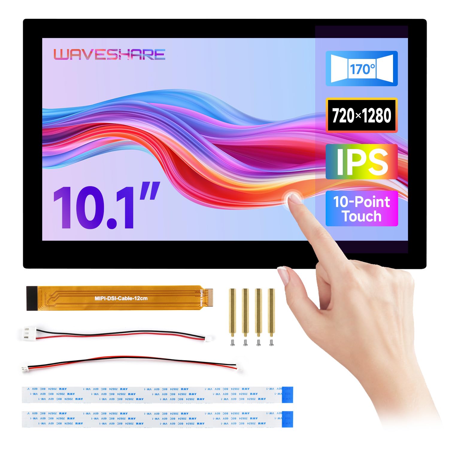 Waveshare 10.1inch DSI Capacitive Touch Display, Compatible with Raspberry Pi 5/4B and ESP32-P4, Wide Color Gamut, 720 × 1280, IPS Panel, Supports 10-Point Touch, Toughened Glass Panel