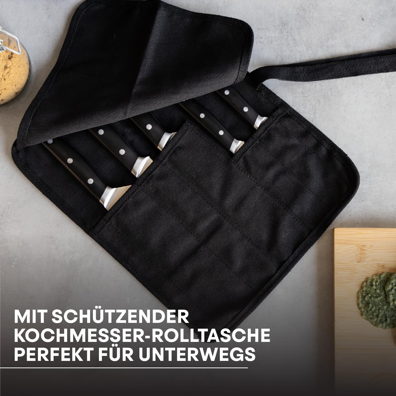 MasterChef Küchenmesser Set mit Kochmesser, Santoku Messer, Fleischmesser, Gemüsemesser, Allzweckmesser und Messertasche, Profi Messerset aus Rostfreiem Stahl mit Hohem Kohlenstoffgehalt, 6-teilig