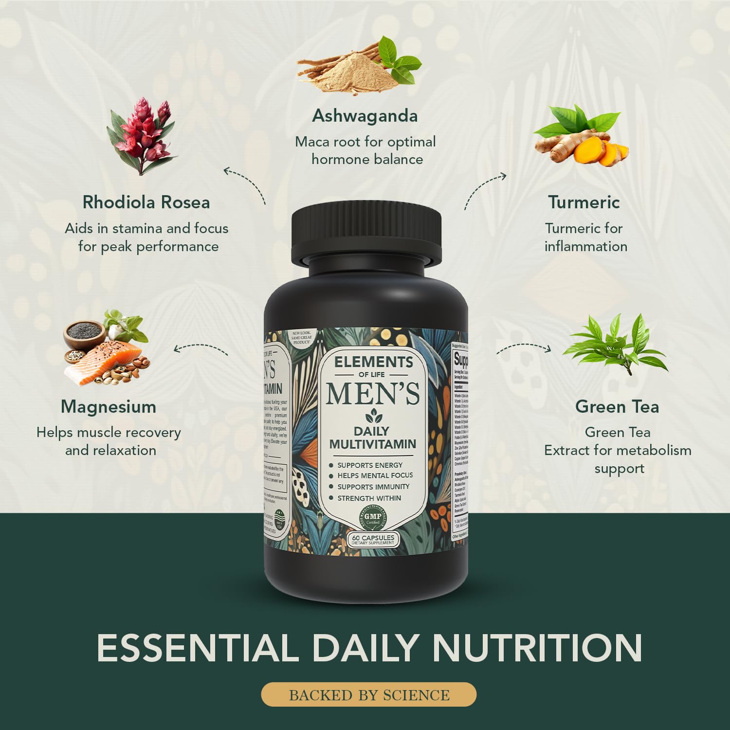 Elements of Life Men’s Multivitamin - High Performance Daily Multi: Methylated Folate & B12 - Ashwagandha & Rhodiola for Stress & Energy - CoQ10, Resveratrol & Zinc: Heart & Immune Support - 120 Caps — Amazon image 6
