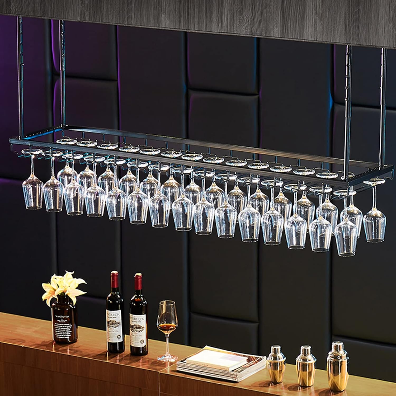 Hanging Wine Glass Holder - Metal Ceiling Wine Rack Floating Bar Shelf for Kitchen Cabinets 150x25x21cm - Stylish Glass Storage Space-Saving Wine