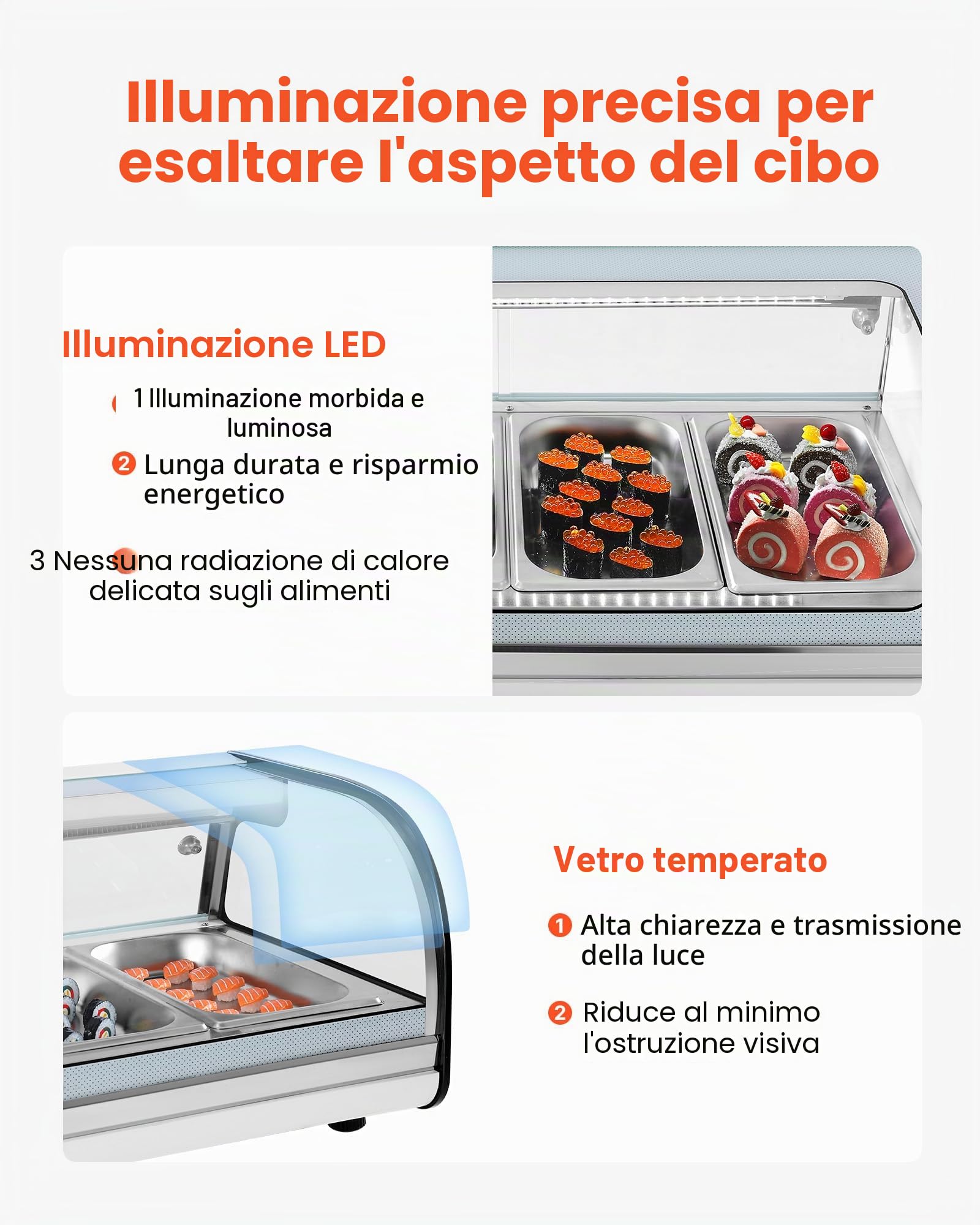 VEVOR Vetrina Refrigerata per Sushi Commerciale da 42 L, 4 Teglie con Vetro Curvo, Illuminazione a LED e Controllo Digitale della Temperatura, Frigorifero per Bancone Ristorante Negozio