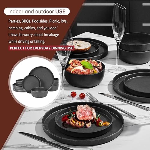 Miniatura 3 de Webbylee Juego de vajilla de melamina  Juego de 12 platos redondos mate y cuencos para uso en interiores y exteriores, juego de platos de campamento