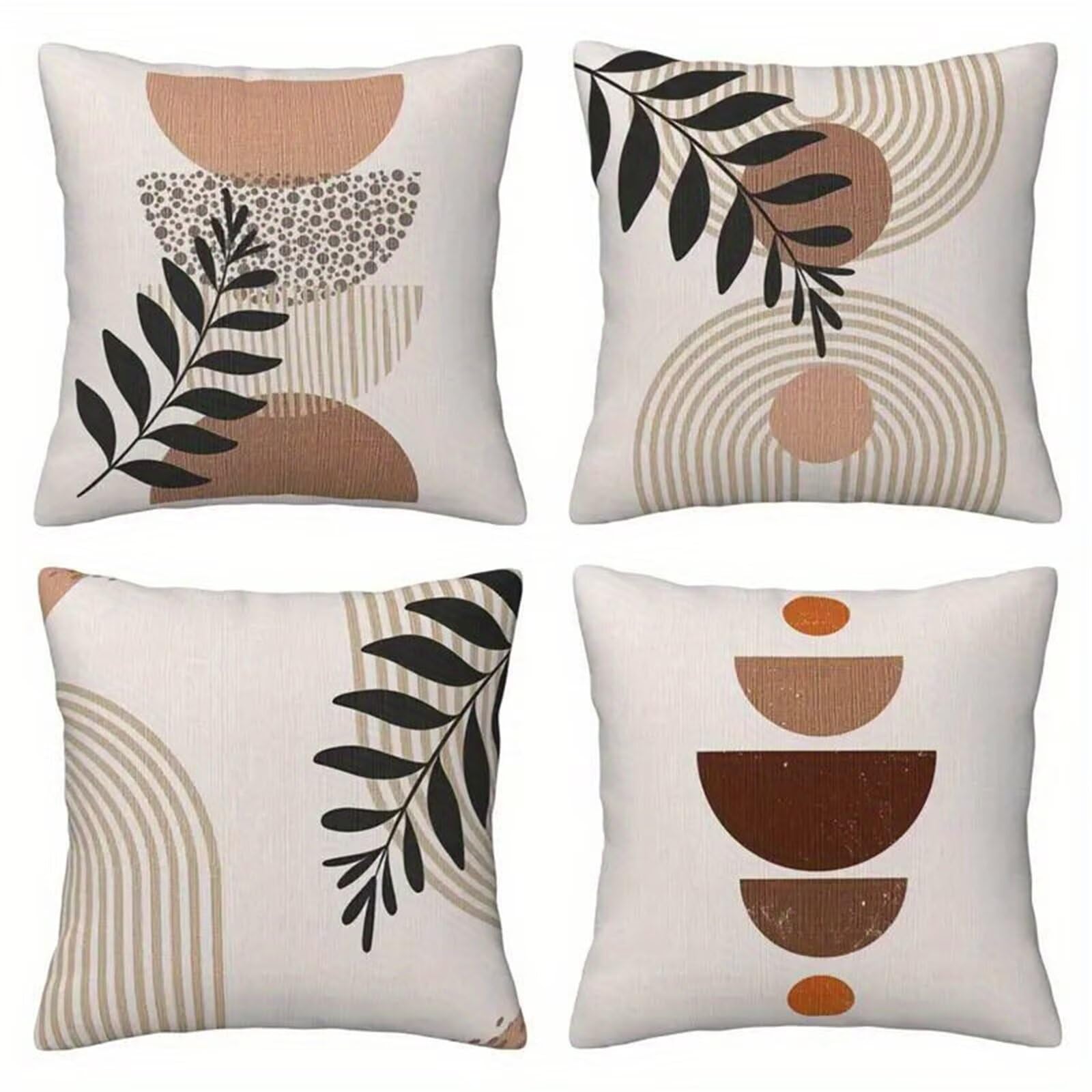 QiHon Cushion Covers 45x45 cm Set of 4 Brown Black Leaves Linen Square Pillow Cases 18x18 inch Modern Decorative Throw Pillow Covers for Sofa Couch Bedroom Home Office with Invisible Zipper