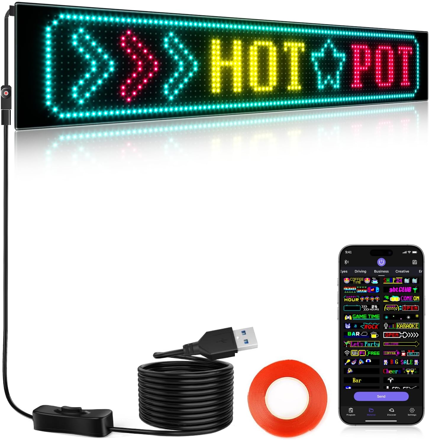 KJOY Programmable Huge Bright LED Signs, 27''x5'' USB 5V, Bluetooth App Control Custom Text Pattern Animation, Scrolling, Flexible LED Display for Car Store Party Bar Hotel