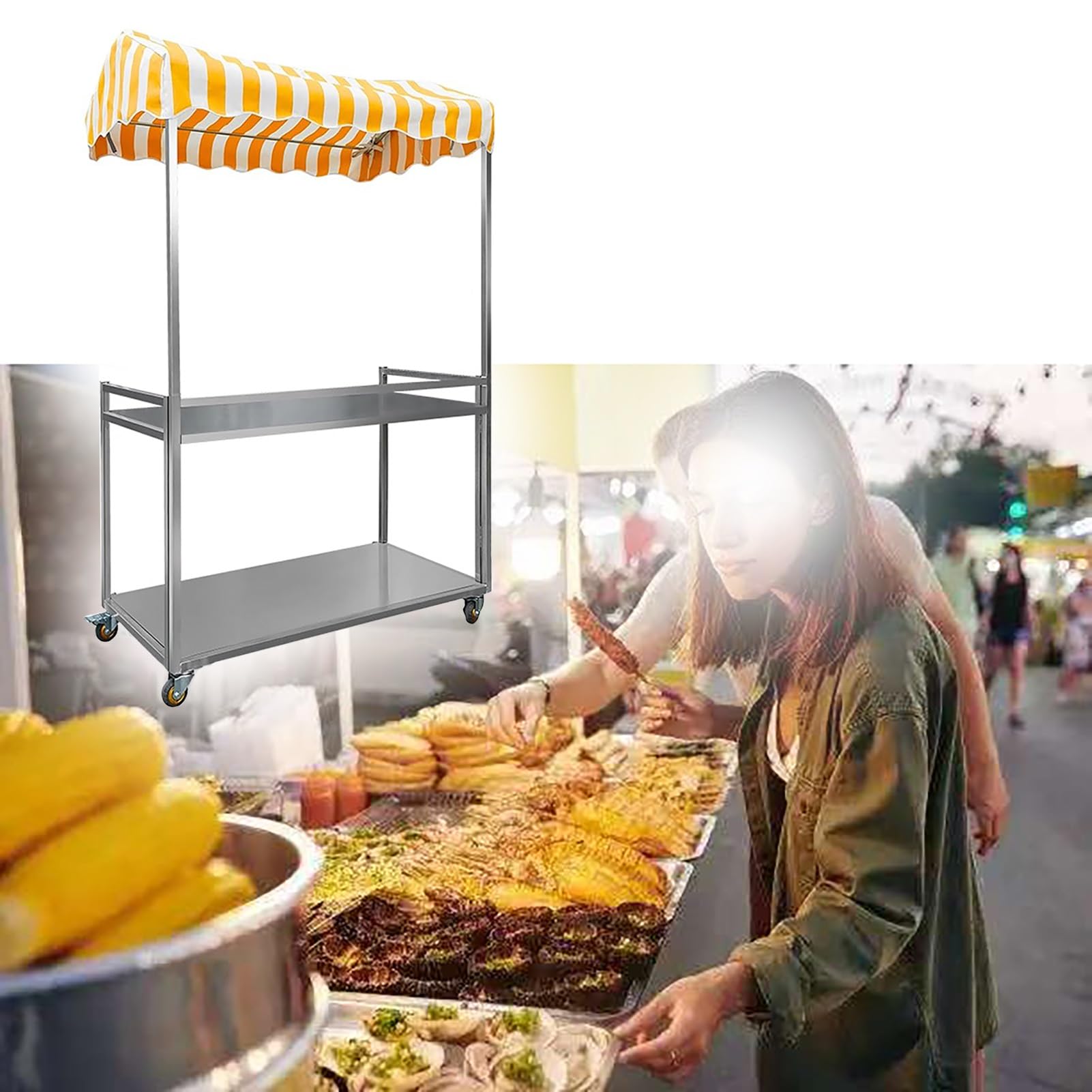 Marktstand Verkaufsstand Verkaufswagen aus Stahl mit Rädern Speisen/Hotdogs, 2-stöckiger Verkaufsstand mit Theke, Imbissstand, Tragbarer(Yellow,Length 100cm (39 3/8"))