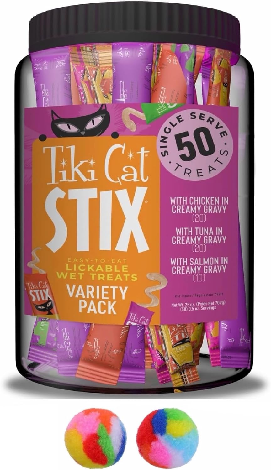 Tiki Cat Stix Wet Treats, Grain Free Lickable Smooth Mousse Blend in Creamy Gravy with Chicken, Tuna and Salmon Variety Pack 50 Single Treats of 0.5 oz Each - Plus 2 Cat Pom Pom Balls Toy