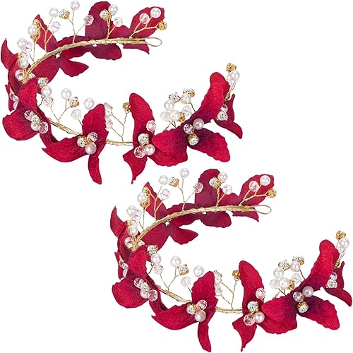 ANCIRS Paquete de 2 diademas de corona de flores rojas para novia, coronas de rosas rojas con diamantes de imitación, accesorios para el cabello y