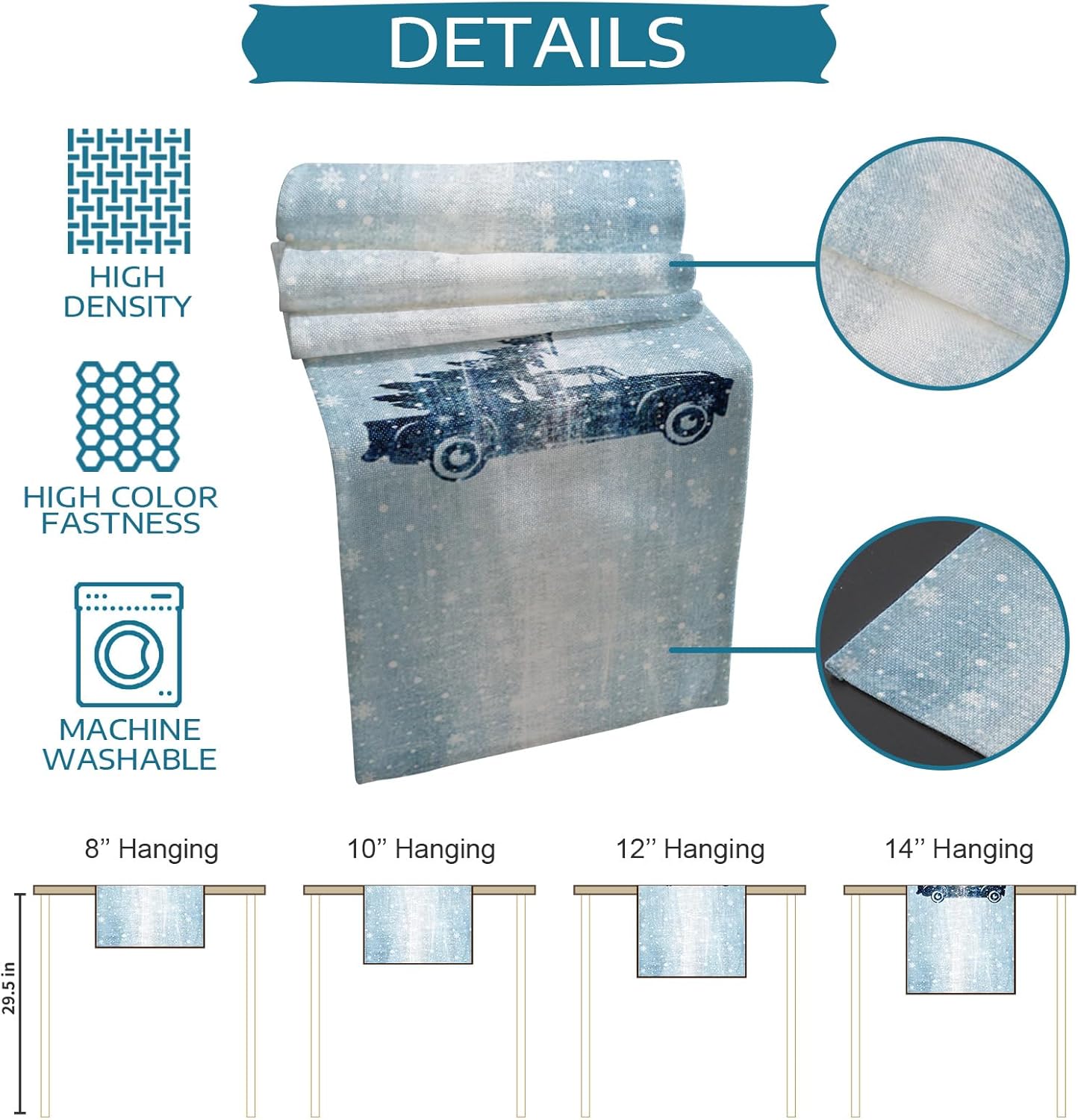 Blue Christmas Truck Table Runner 120 Inches Long Farmhouse Dress Scarves, Xmas Tree Winter Snowflake Dining Tablerunner for Coffee Table/Kitchen Island/Party Décor, 13" x 120"