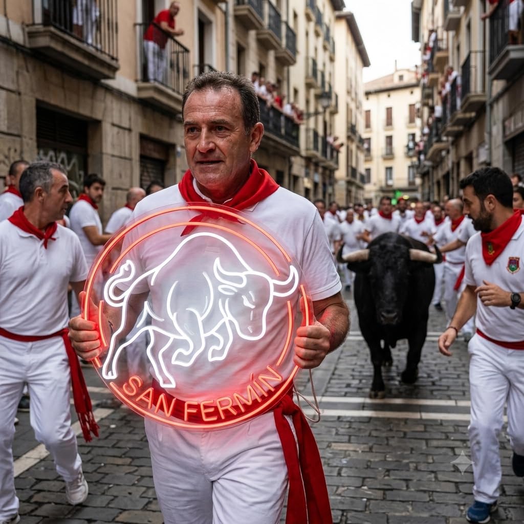 Cartel Neón LED metacrilato transparente San Fermín Encierro Pamplona 7 de Julio medida 75 cm de diámetro alimentación 12v
