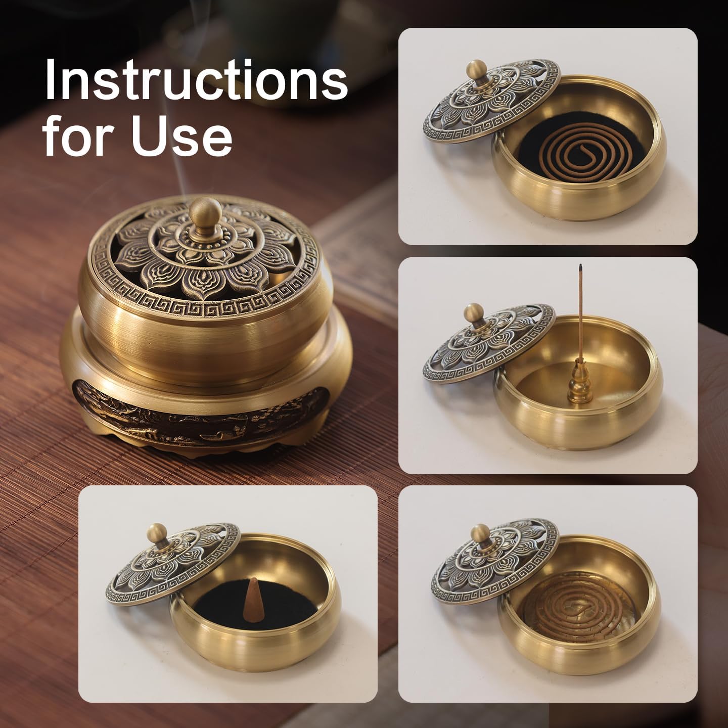 Brass Incense Burner Bowl, Lotus Shape, with Stick Holder & Incense net &Fire Cotton Incense Holder Cone Coil Incense Burner Ash Catcher with Lid for Indoor Office Décor, Handicraft Gifts,Censer