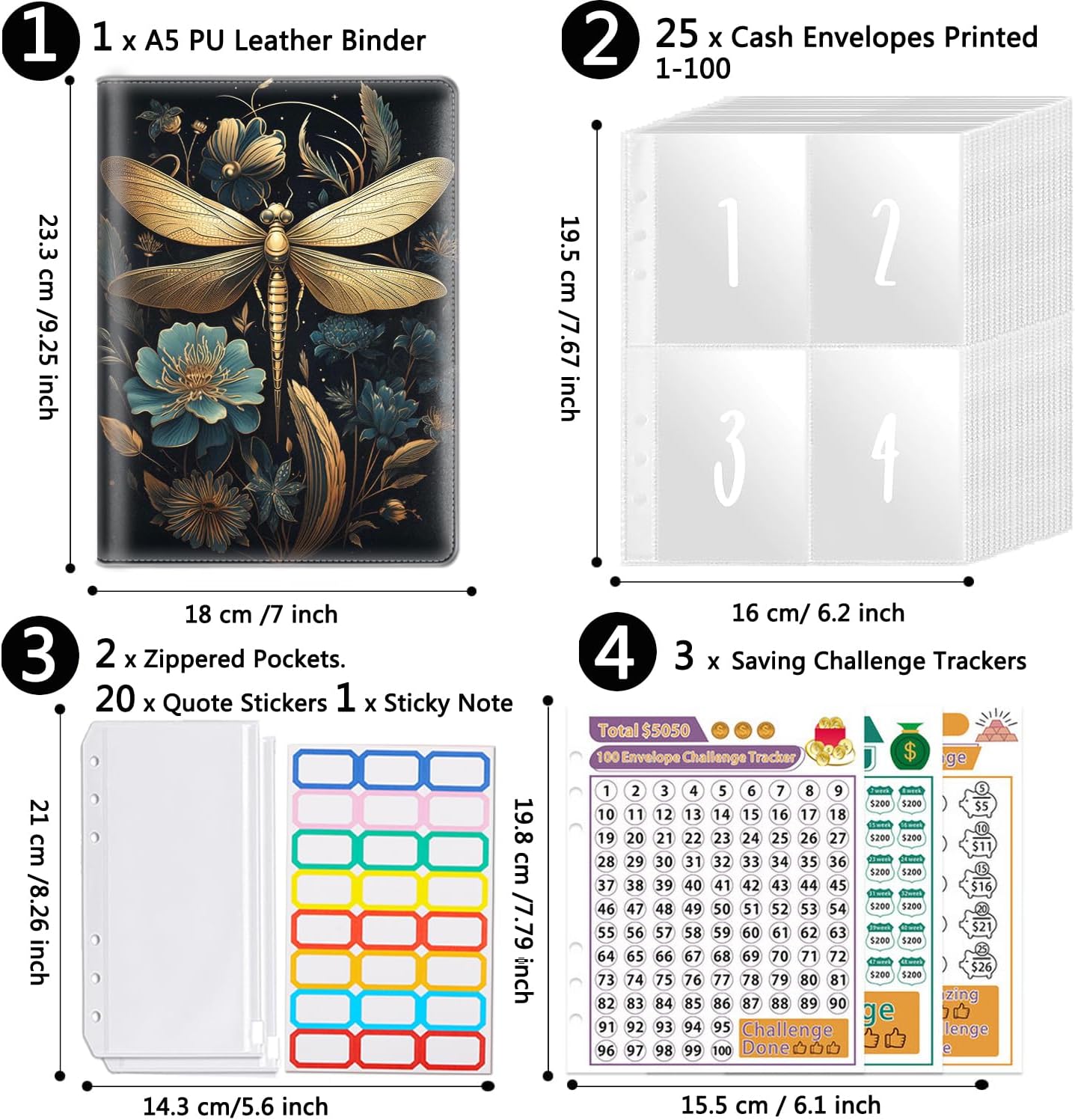 100 Envelopes Money Saving Challenge, A5 Budget Binder with Cash Envelopes & 3 Budgeting Planner Trackers to Save $5,050, 10,000, 500, Money Savings Challenge Book for Organizer, Dragonfly Art