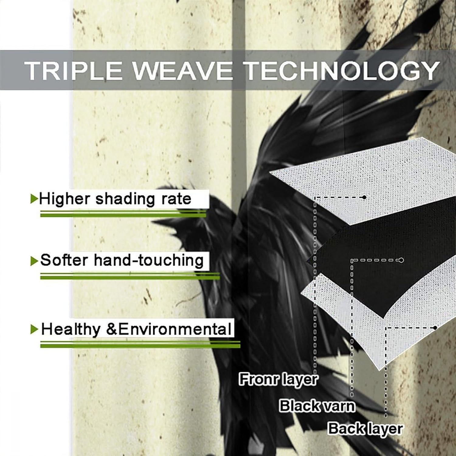 Gothic Crow Forest Curtains, Halloween Flying Spooky Black Raven Crow Black Dark Wings Thriller Blackout Rod Pocket Window Treatments Drapes for Bedroom Living Room 52x84in