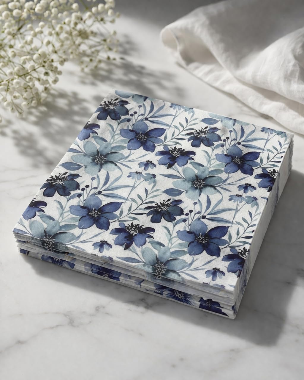 Watrmark Premium Printed Airlaid Napkins 12x12 Inch | 70 GSM Disposable Tissue | Soft & Absorbent | Floral Blue Design | Table Napkins for Restaurants, Parties & Home (Pack of 20) 1
