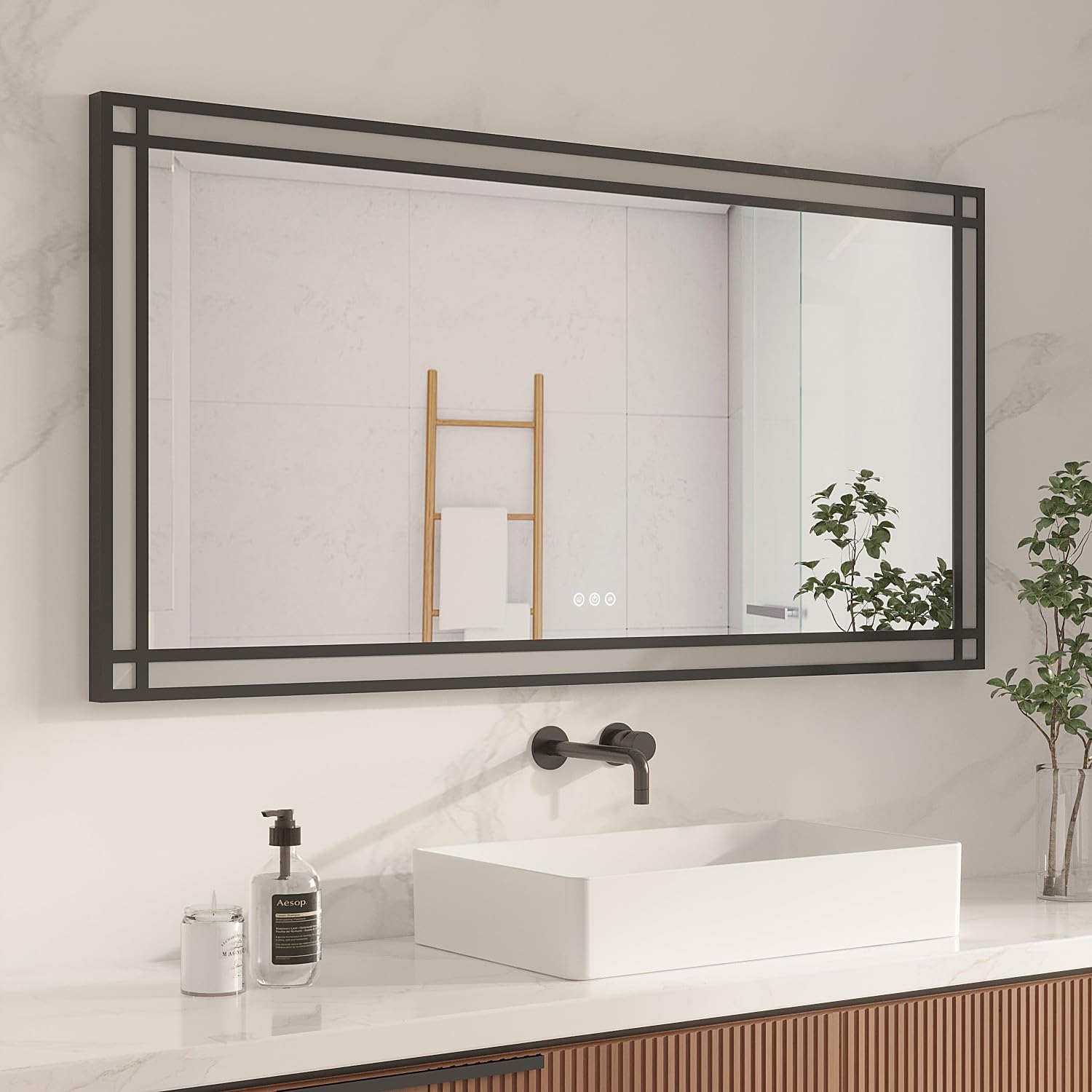 AQUABATOS grande specchio da bagno a LED con illuminazione 140x70 cm effetto finestra specchio luminoso cornice in alluminio nero dimmerabile antiappannamento