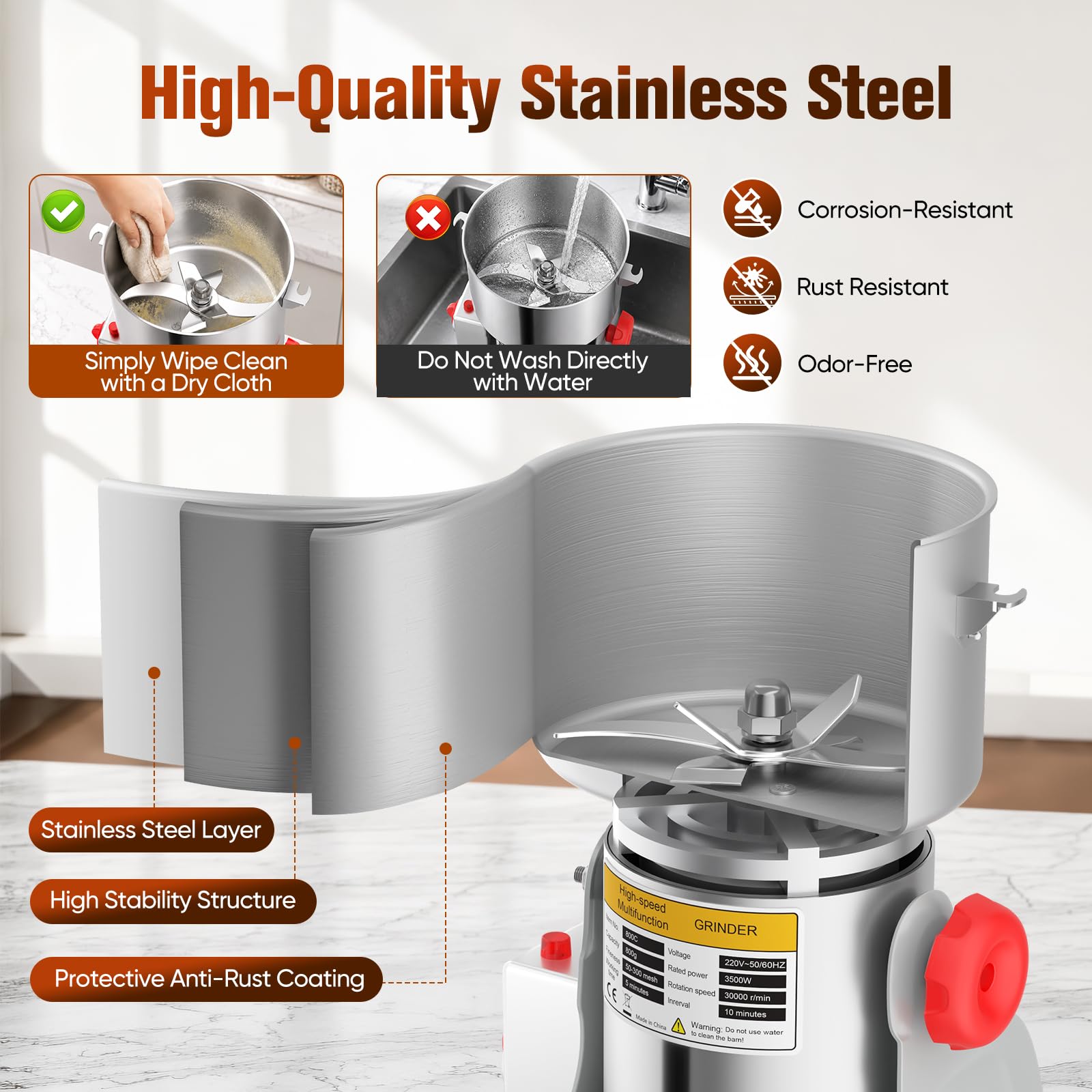 Molinillo de granos 800 g, 3500 W, 30000 RPM, eléctrico de especias con temporizador 5 min y tamiz, acero inoxidable, para hierbas, frutos secos, granos de café, uso doméstico y comercial