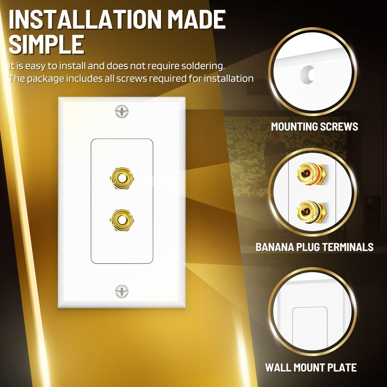 TNP Home Theater Wall Plate - Banana Plug Wall Plate, 1 Speaker Wire Wall Plate with Gold-Plated Terminals, Single Gang Audio Wall Plate, in-Wall Surround Sound Connection Plates, White