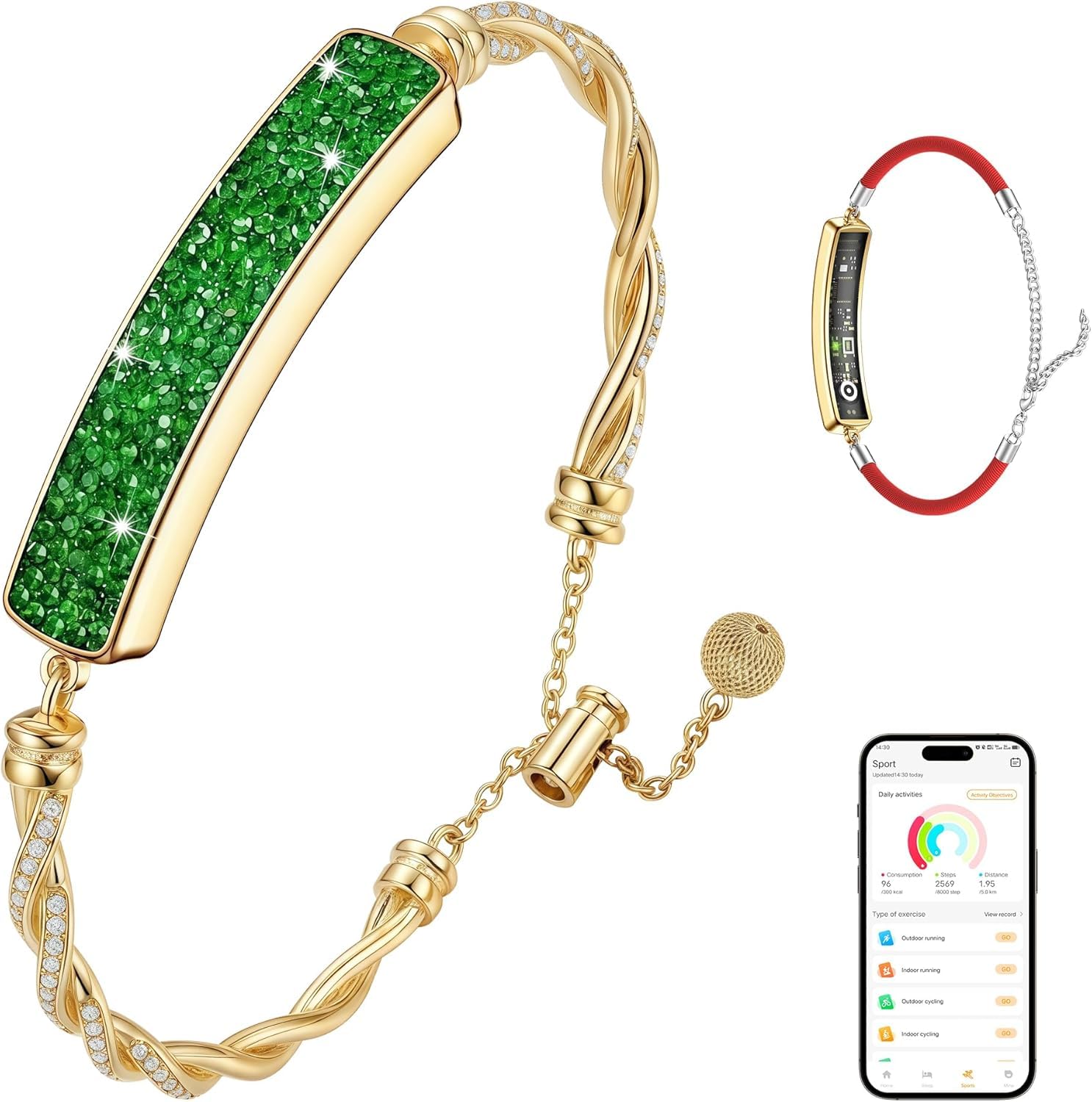 Braccialetto intelligente 2 in 1 con cristalli intarsiati per donne, braccialetto fitness tracker con frequenza cardiaca, monitoraggio del sonno e del ciclo, impermeabile IP68, cinturini