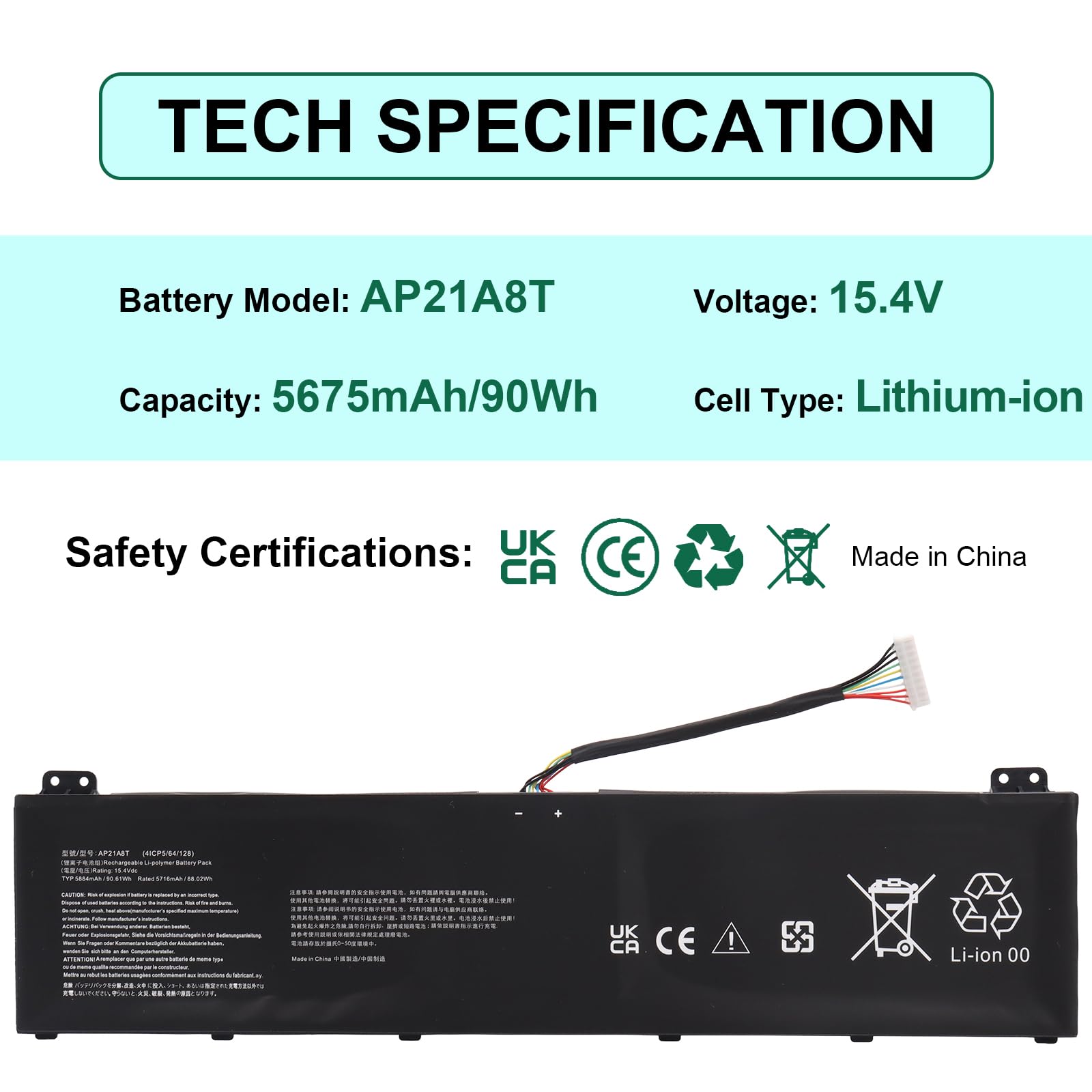 90 Wh AP21A8T AP21A5T bateria do laptopa kompatybilna z Acer Predator Helios 300 PH315-55 PH317-56, seria Nitro 5 AN517-55