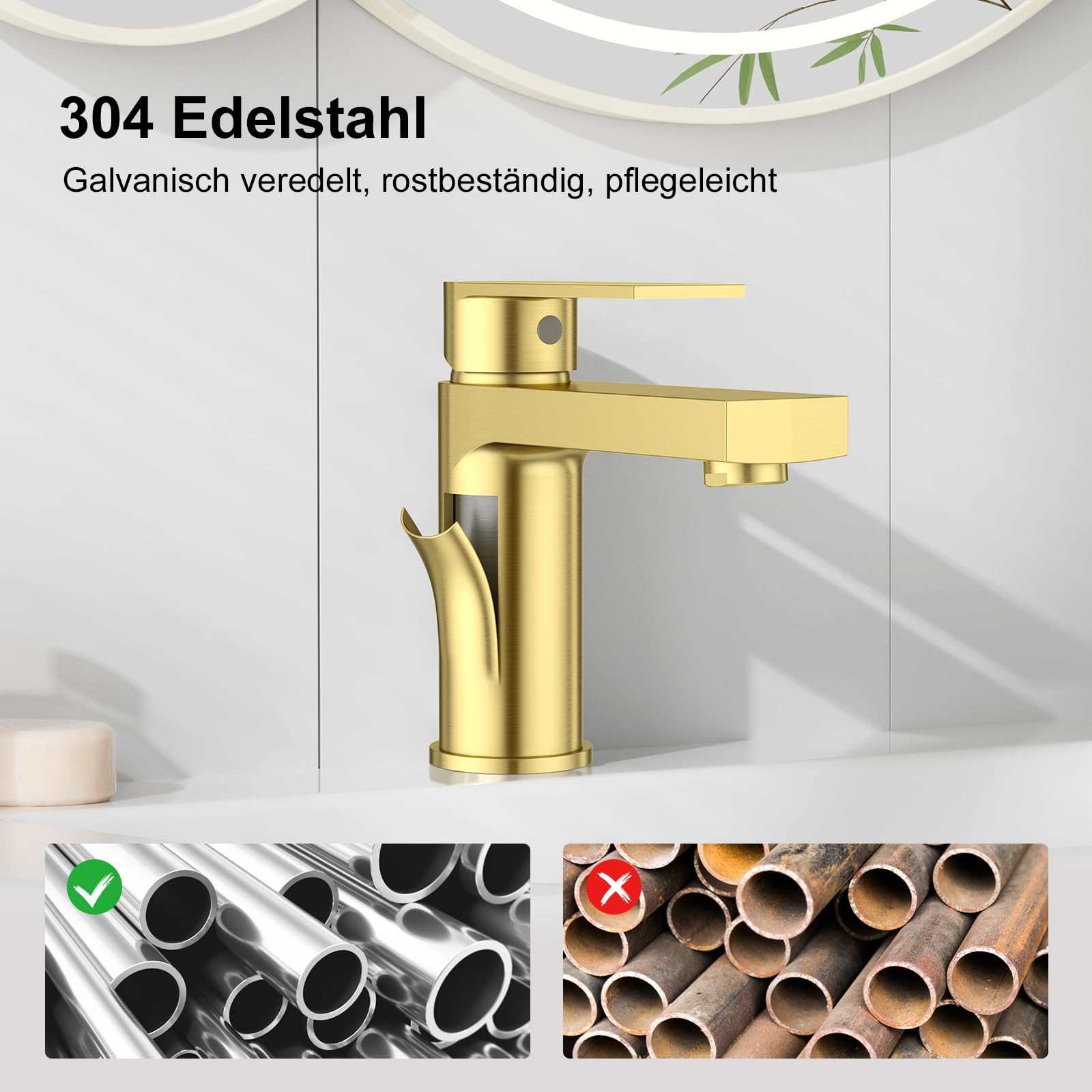 Waschtischarmatur für Badezimmer eckig, Hochdruck Einhebelmischer Armatur Wasserhahn für Waschbecken Bad W.C mit Pop-Up Ablaufgarnitur aus Edelstahl in gebürstetes gold