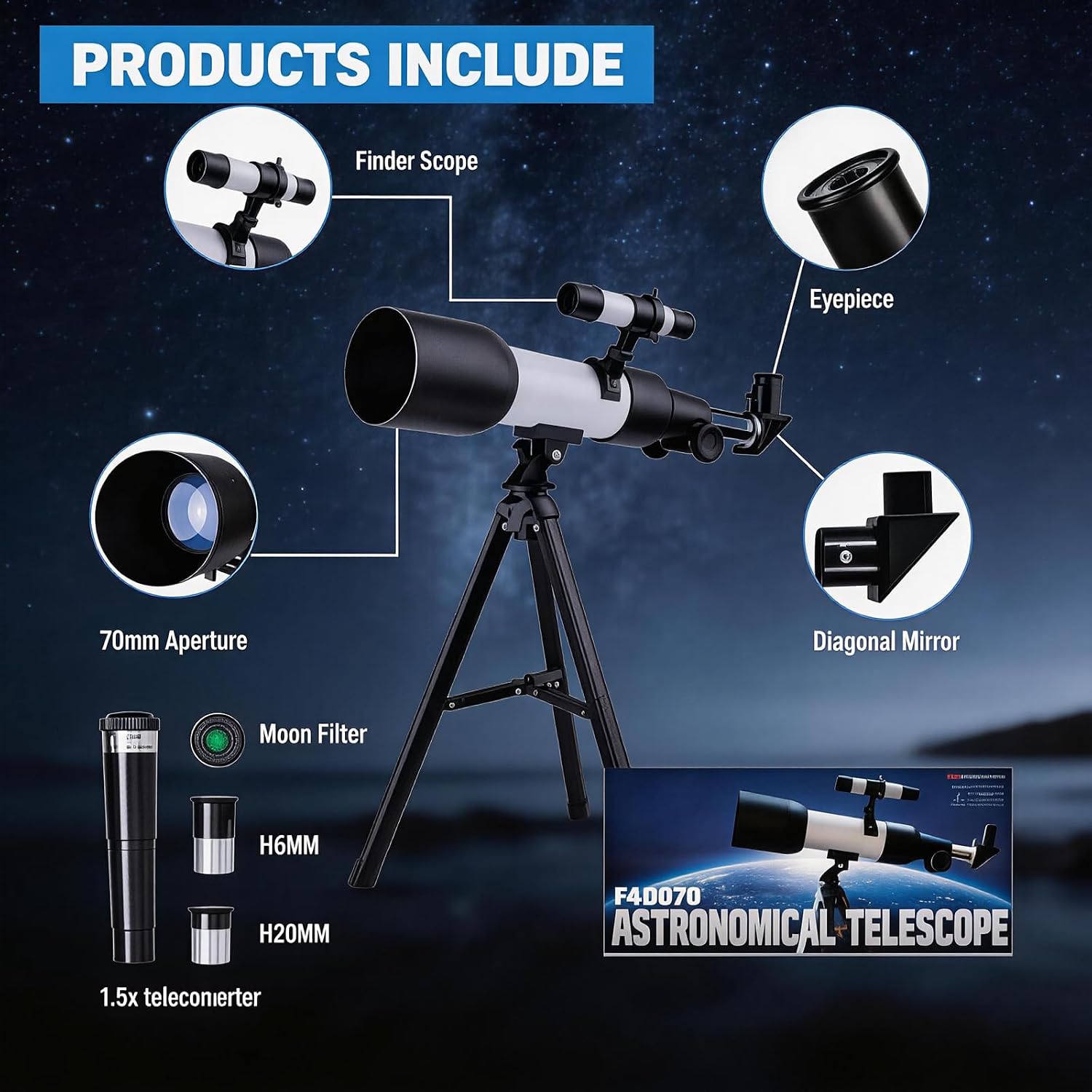 Telescope for Adults & Kids, 70mm Aperture 400mm Refractor Telescope for Astronomy Beginners with AZ Mount Tripod & Phone Adapter – Boxed, Ideal Gift for Men