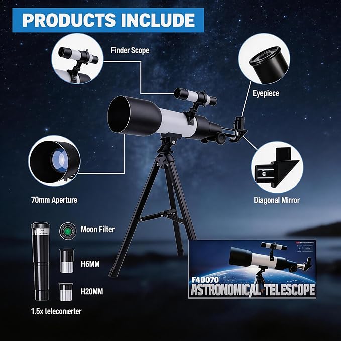 Telescopio refractor de 70mm con trípode altazimutal y adaptador para teléfono miniatura 4