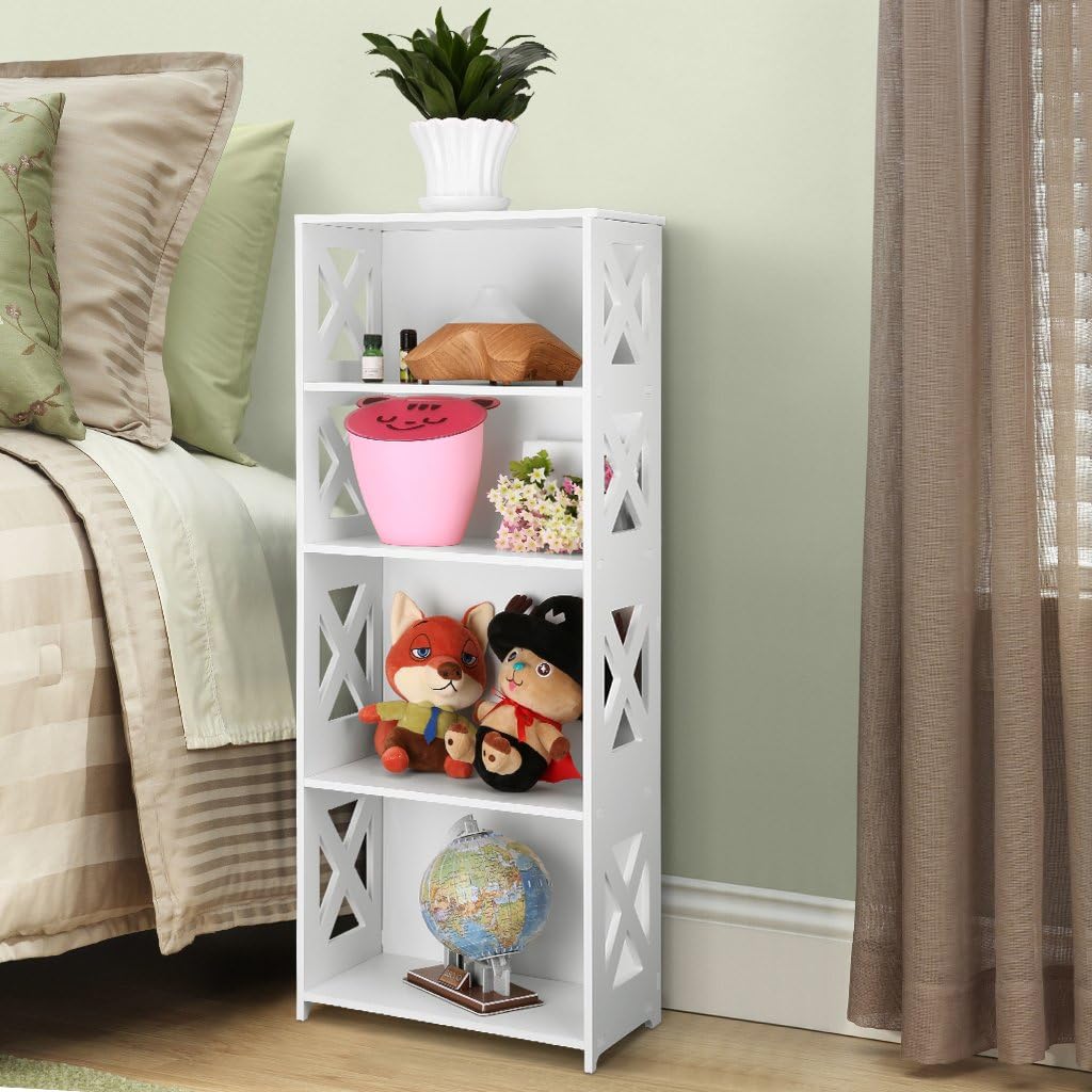 Finether 4-Tier Modular Side Cross Cut-Out Wood Plastic Composite Shelf Unit White Bookcase Storage Organizer Display, SGS Certified