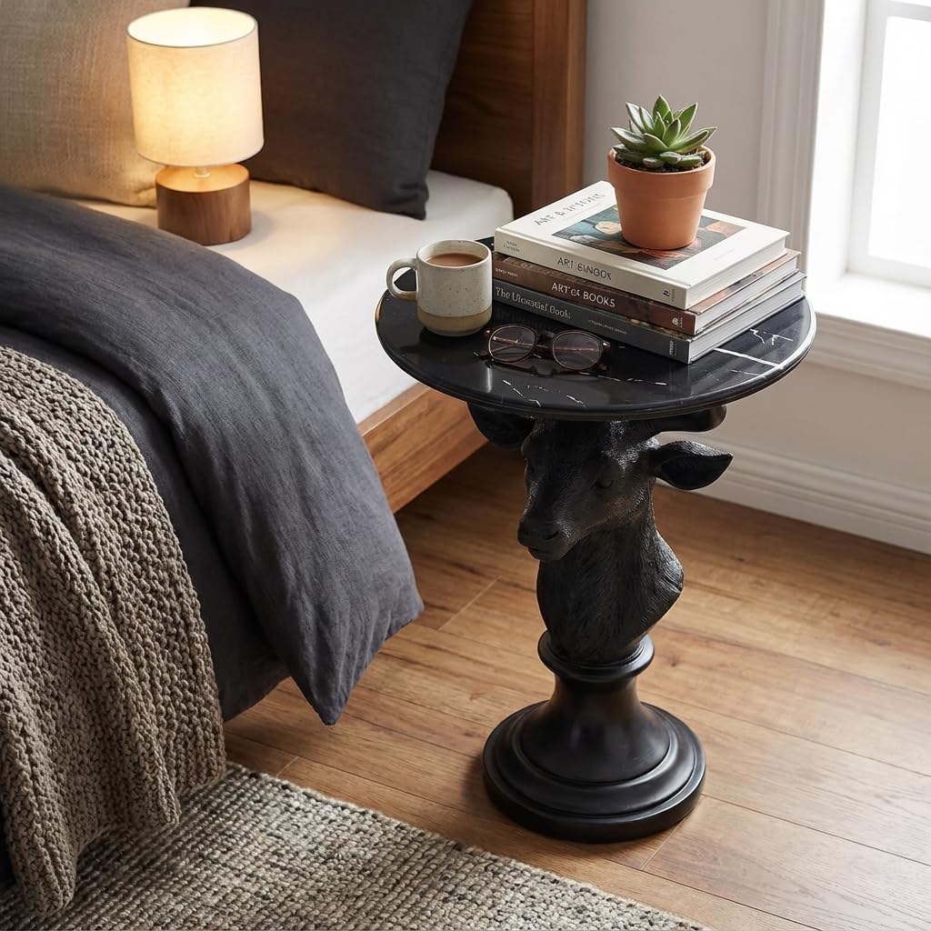 Modern Accent Table with Black Deer Sculpture Base, Minimalist Faux Marble End Table for Living Room Reception Area & Bedroom, 19.69 Inches Wide × 25.59 Inches High