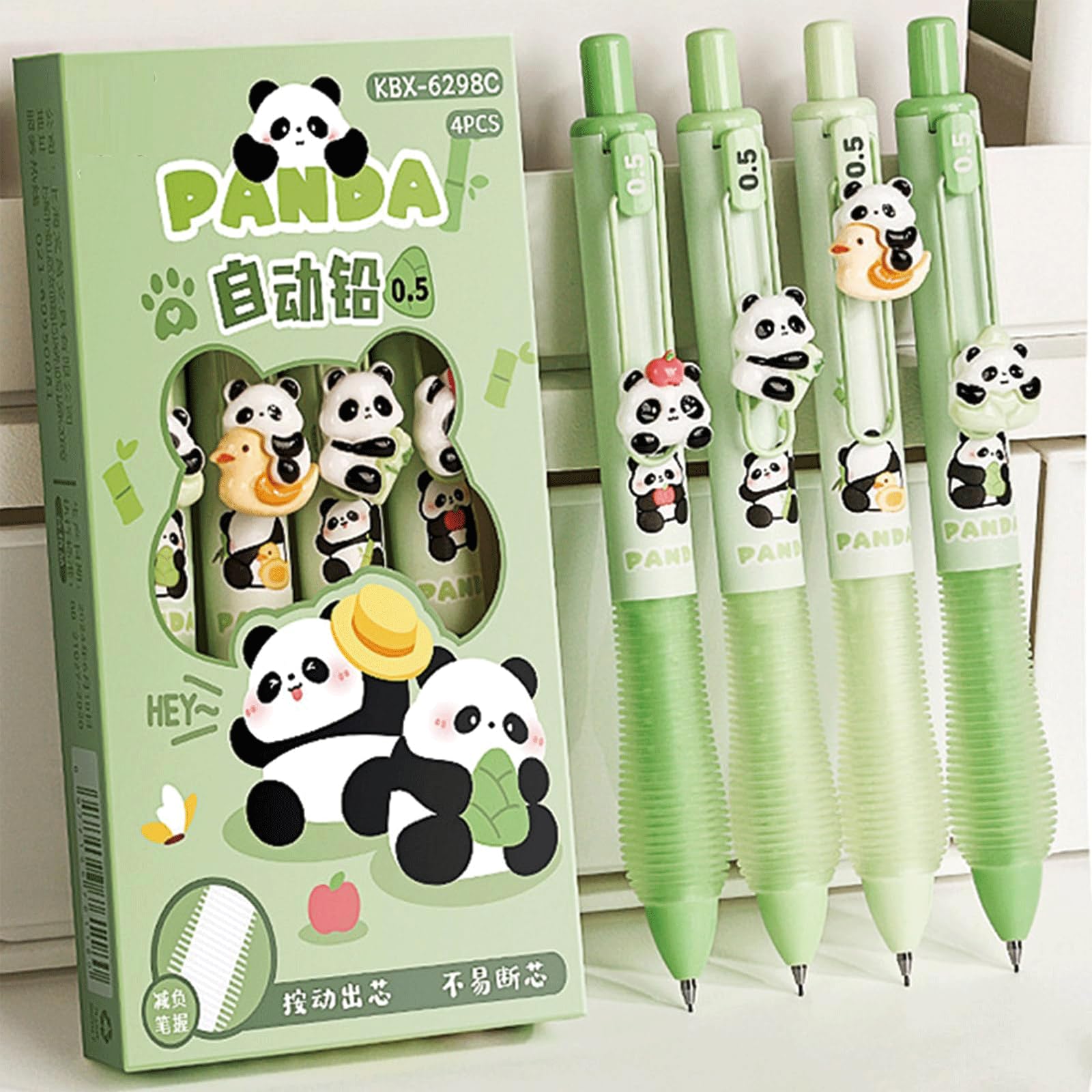 LEMONSTONE 4 sztuki ołówków mechanicznych Panda, 0,5 mm, zestaw ołówków z miękkim uchwytem, wielokrotnego użytku, przenośny, uroczy ołówek Panda do rysowania, pisania, szkicowania i kolorowania