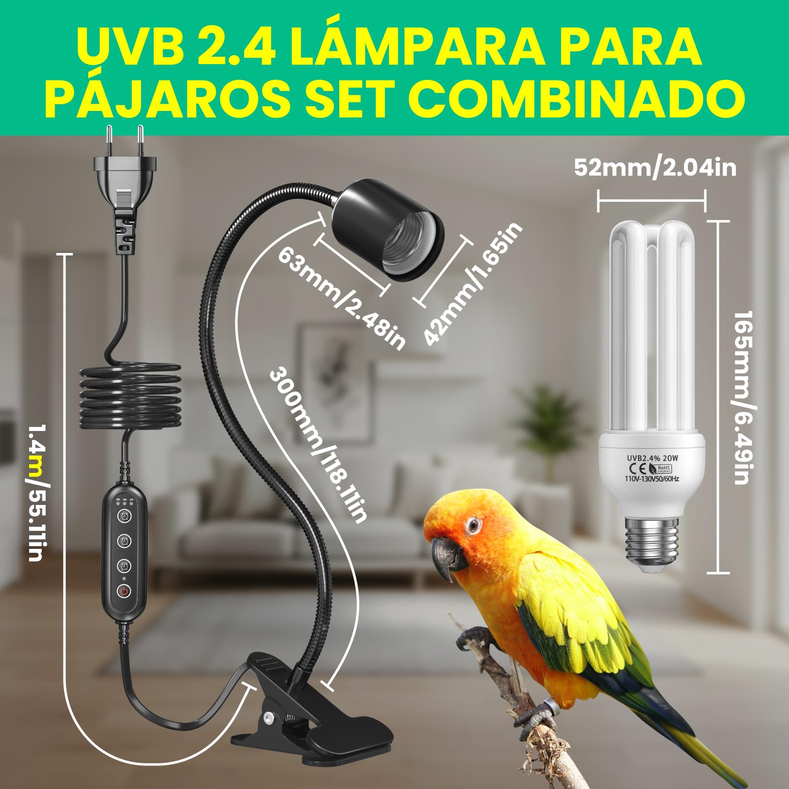 GlowUp Lámpara para Aves Set Completo con Temporizador, Lámpara de Abrazadera con Bombilla UVB 2.4 E27 20W para Aves