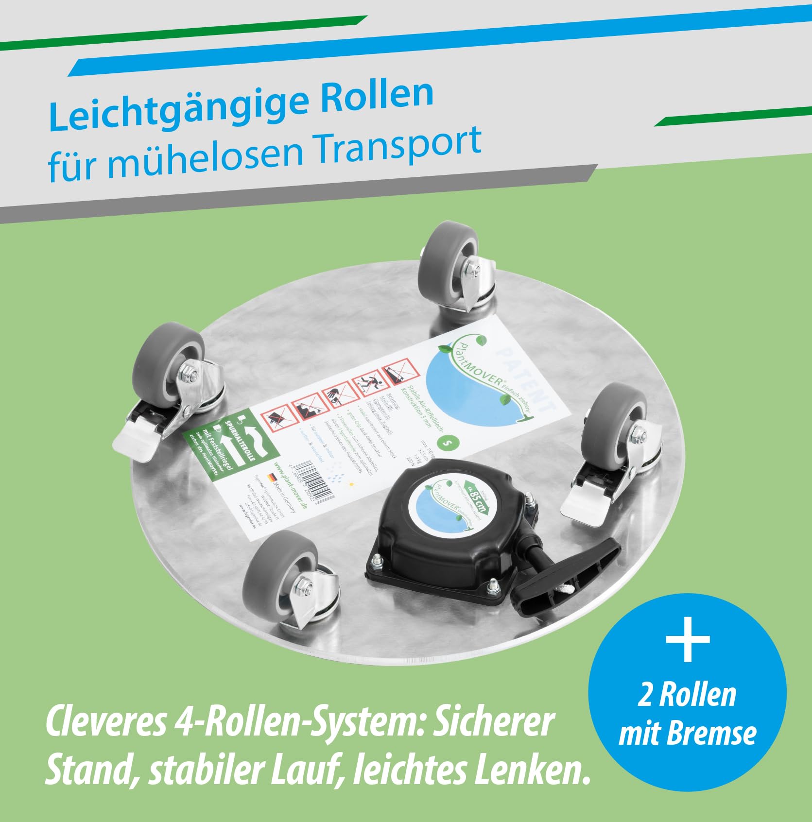 PlantMOVER Pflanzenroller mit Seilzug - 150kg Tragkraft 32,5cm rund - mit robusten Rollen - aus Aluminium-Riffelblech für besten Grip - Rollbrett für Pflanzen - Einfach ziehen Made in Germany