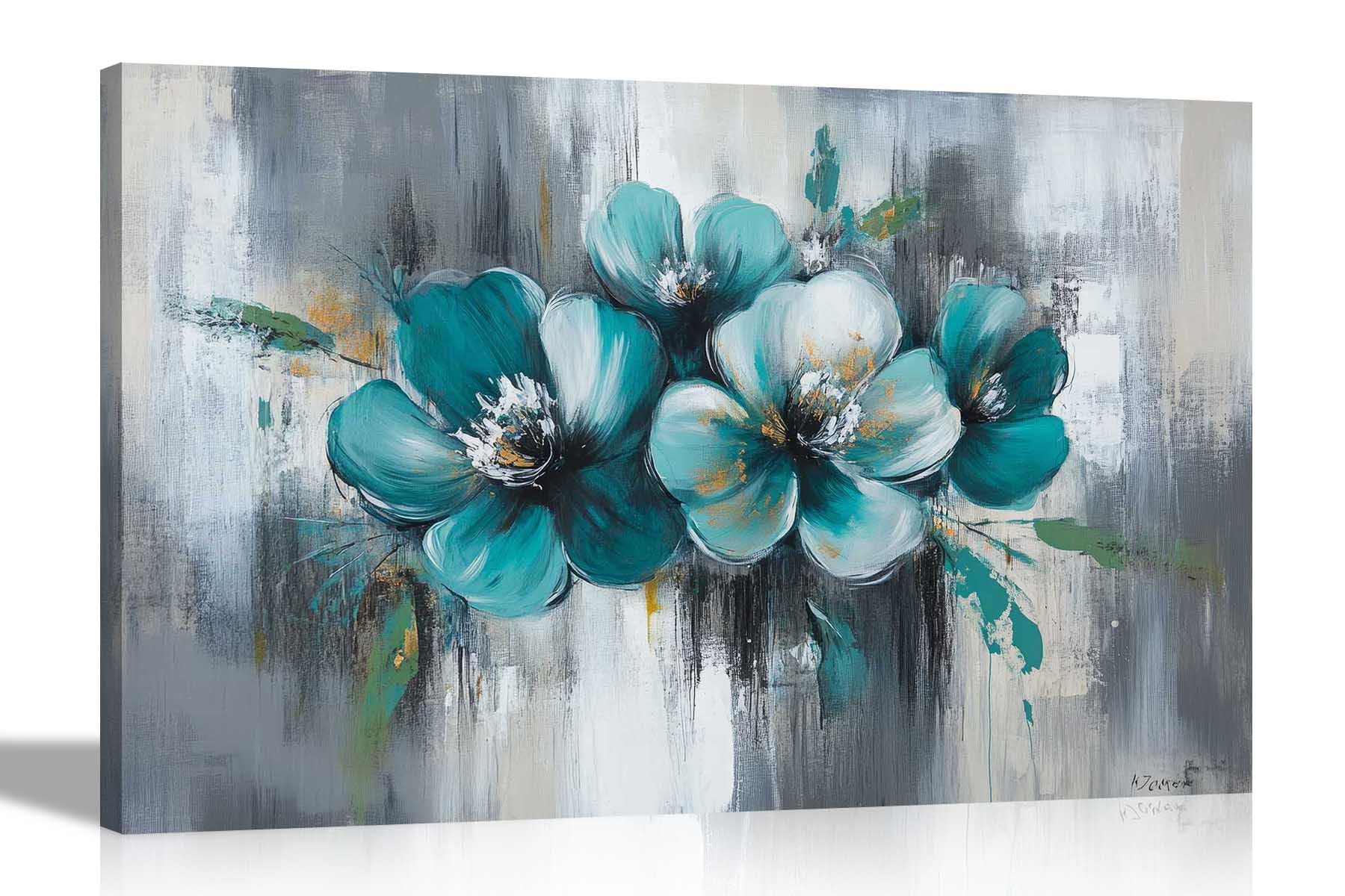 Artley Prints Abstract Teal Flowers - Abstract Teal And White Flowers Canvas Wall Art Pictures Home Decor Artwork Floral Bedroom Oil Painting Pictures 101 X 76Cm (40 X 30 Inches)
