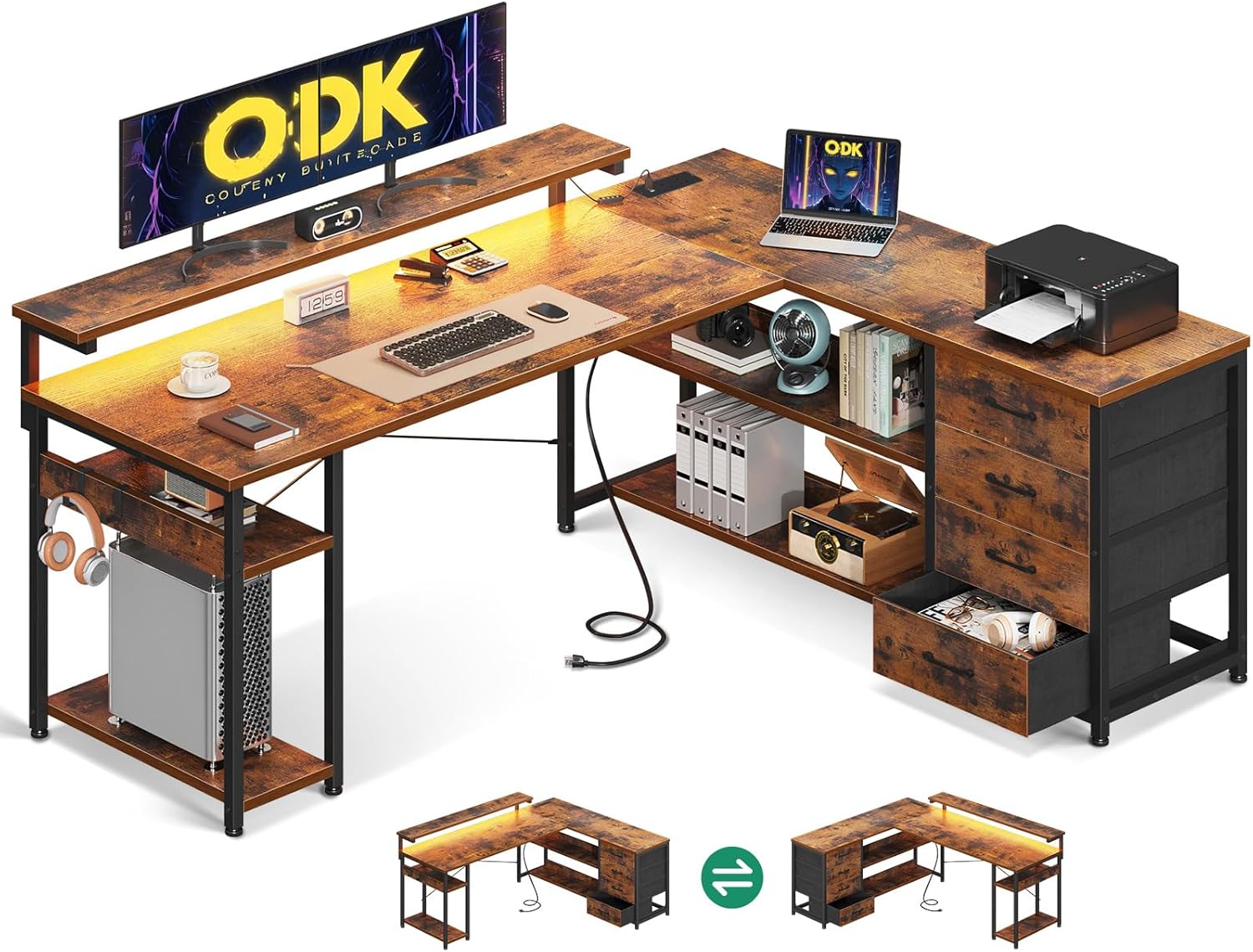 ODK Corner Desk with Drawers, L Shaped Gaming Desk with LED Lights & Power Outlets, Reversible Computer Desk for Home Office Workstation, Office Desk with Monitor Shelf, 155×110 cm, Vintage