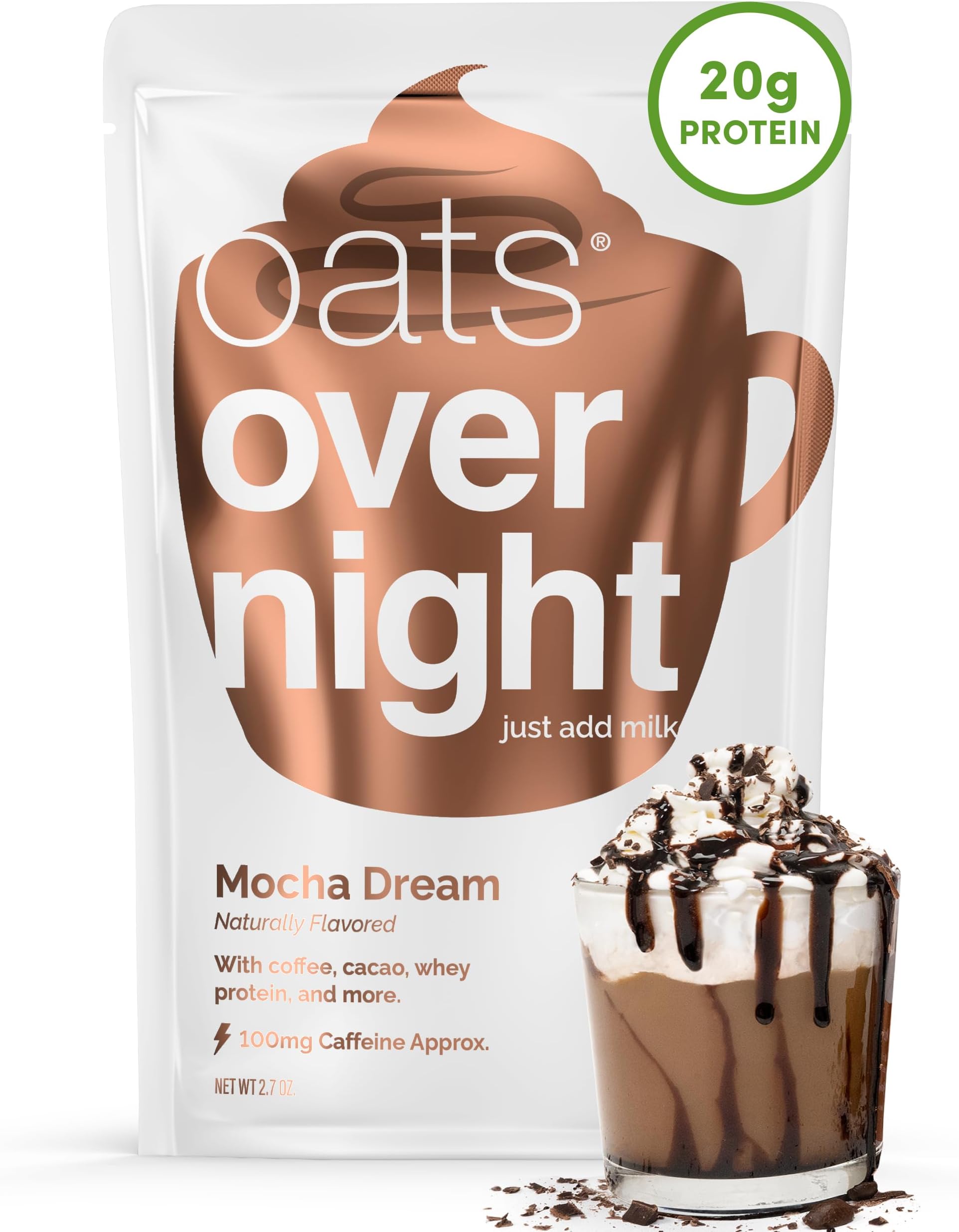 Mocha Dream - 20g Protein, High Fiber Breakfast Shake 100mg Caffeine - Gluten Free, Non GMO Oatmeal (2.7 oz per meal) (8 Pack)