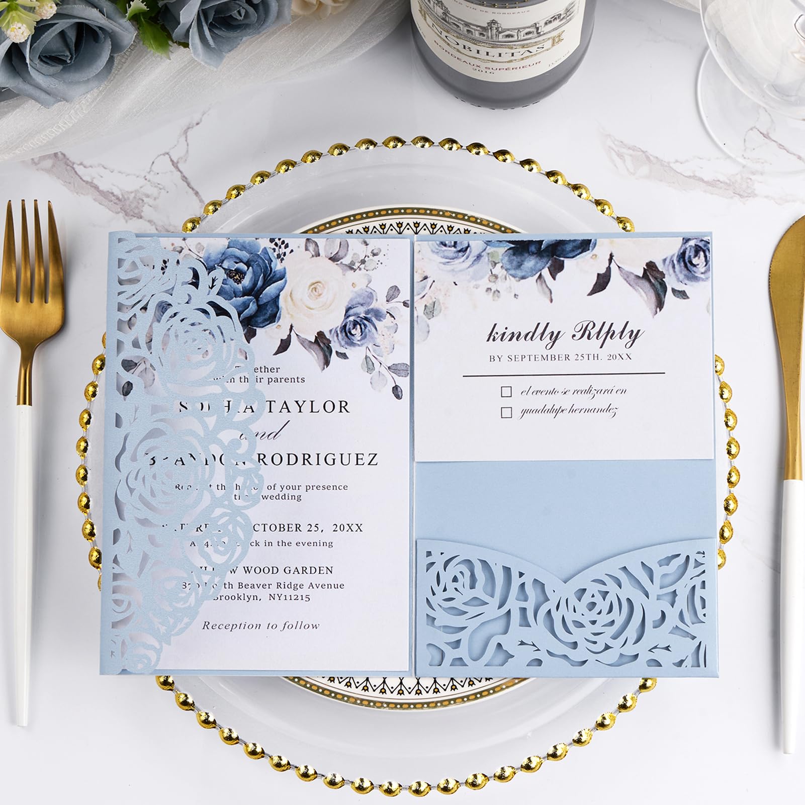 AdasBridal Hochzeitseinladungen mit Umschlägen und RSVP-Karten, Babyblau, lasergeschnitten, 50 Stück
