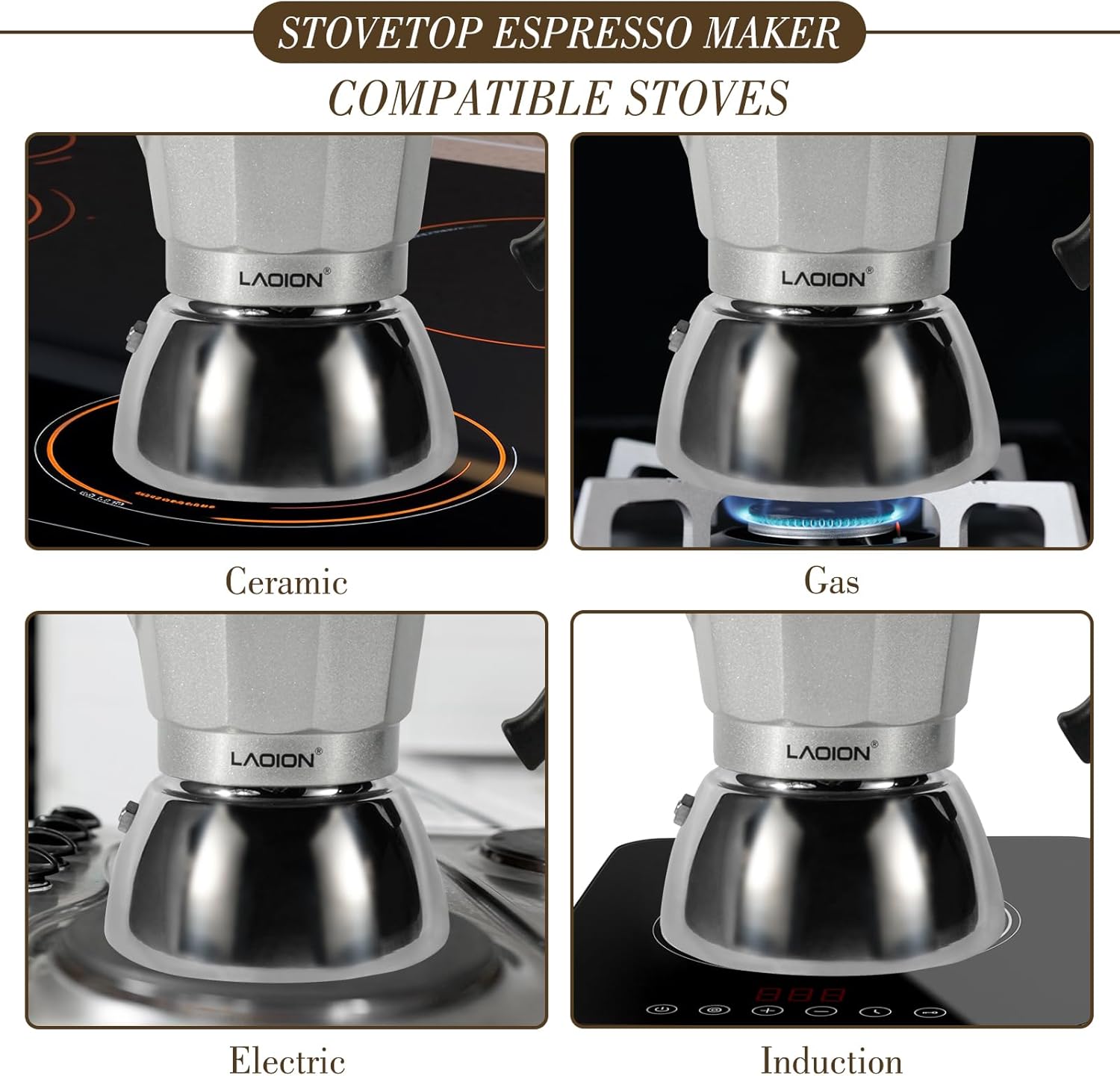 LAOION Stovetop Espresso Maker, 3Cup Moka Pot, Espresso Machine Compatible with Induction Cooktops, 150ml Stainless Steel & Aluminum Cuban Coffee Maker for Cafetera Cubana, Silver