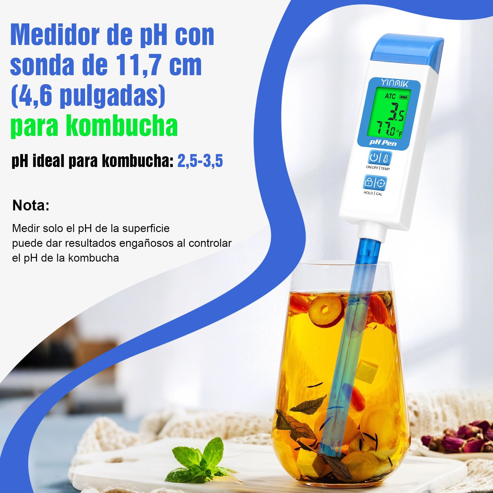 YINMIK Medidor de pH de Calidad de Agua, Probador de pH Digital | Lector de pH, Kit Profesional de Prueba de pH y Temperatura, Adecuado para Alimentos Enlatados, Varias Soluciones.