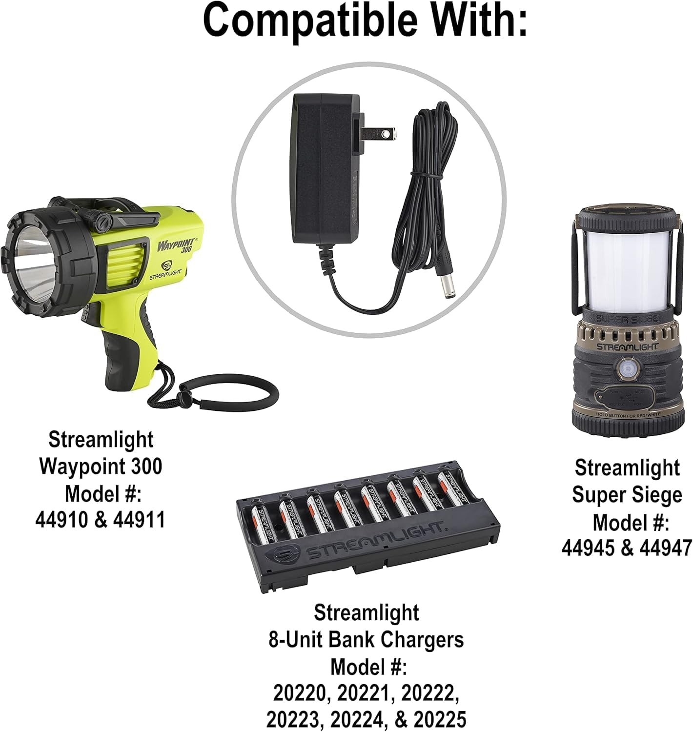 Streamlight 44909 120V AC Charger and Cord for use with Streamlight WayPoint 300 Spotlight Flashlights, Super Siege Lanterns, and Li-ion 8-Unit Bank Chargers, Black