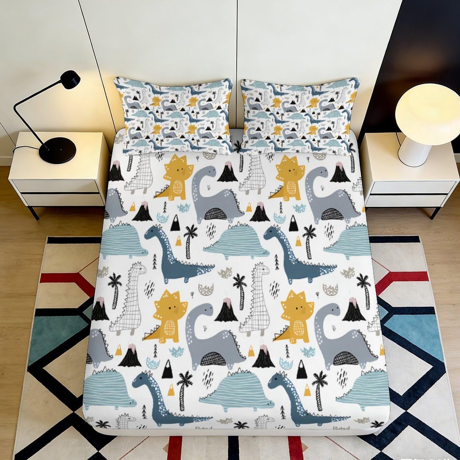 3D Printed Cartoon Dinosaur Fitted Sheet Microfiber Soft Non-Slip Volcano Mattress Cover for Bedroom Dorm Room Decor 180x200x25cm