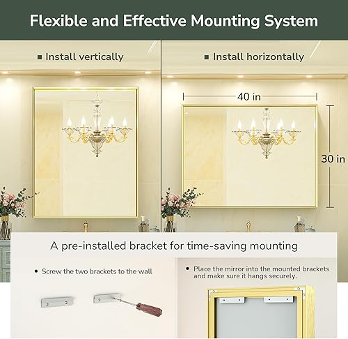 Miniatura 7 de TokeShimi Espejo de tocador de baño dorado de 40 x 30 pulgadas para pared, marco de metal, montado en la pared con tacos franceses, espejo