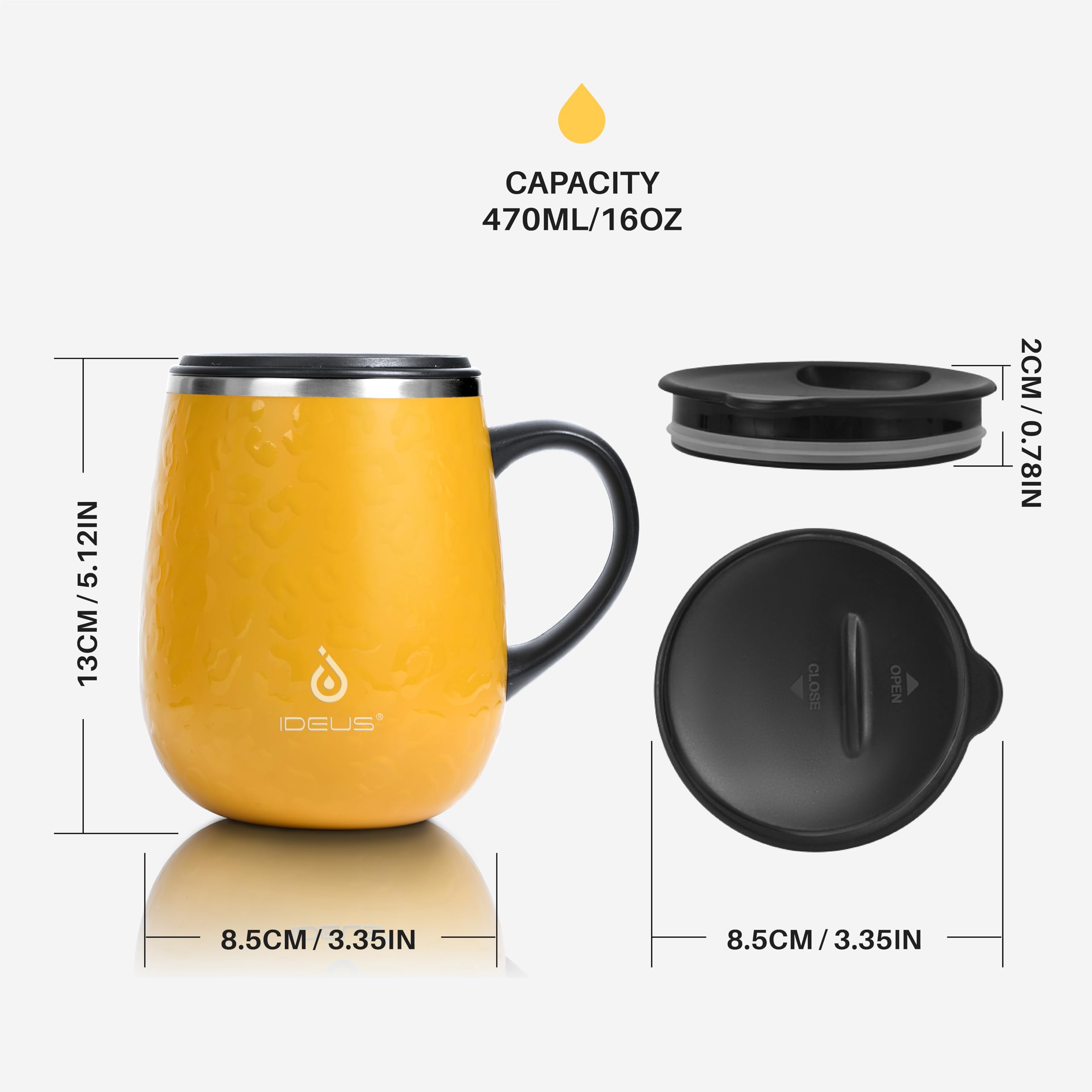 Ideus SHAMSS16LEOBE - Tazza da caffè da 470 ml, a doppia parete isolata sottovuoto, in acciaio inox, con manico antiscivolo e coperchio con modulo scorrevole, grande volume (giallo leopardo)
